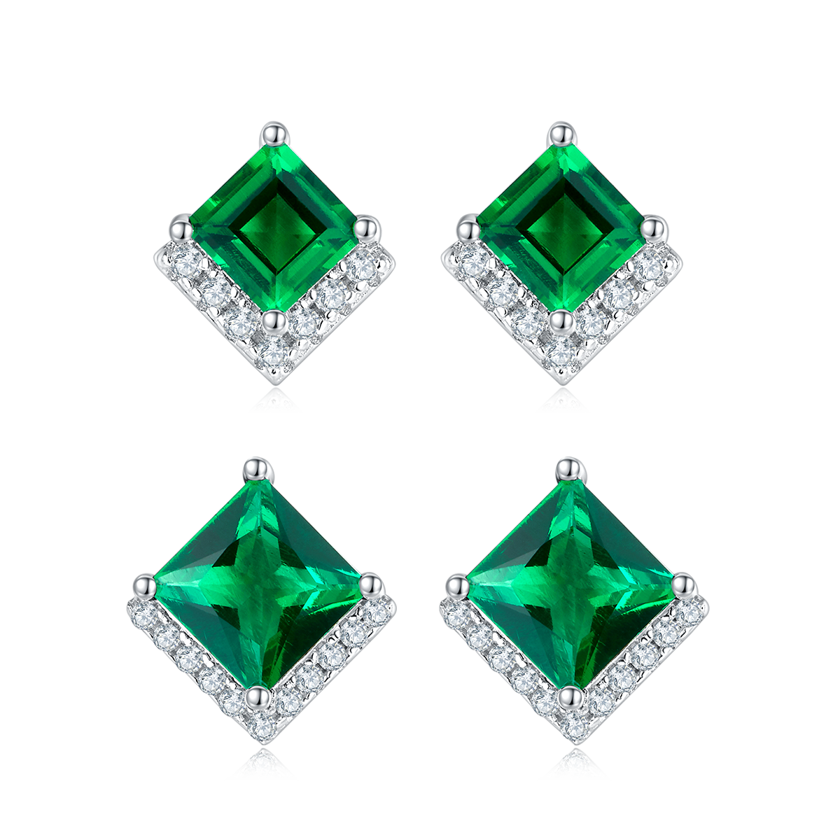 S925 Silver Platinum Plated Lab-Created Emerald Earrings, 0.3&2.5ct Princess Cut Studs, Pair photo 1