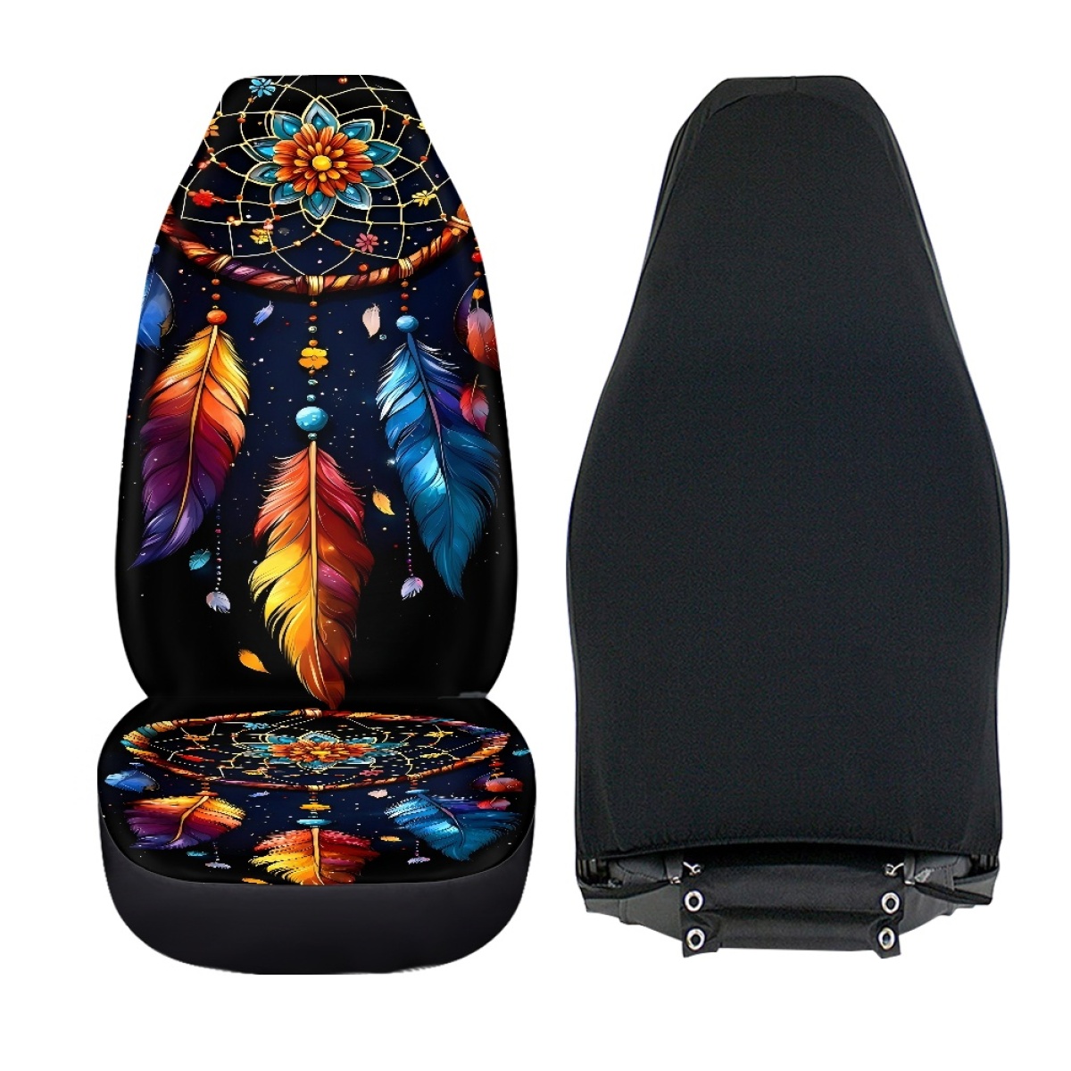 2 Front Car Seat Covers, Digitally Printed With Feather Patterns, Thin, Suitable For All Seasons, Fashionable Car Seat Covers photo 3