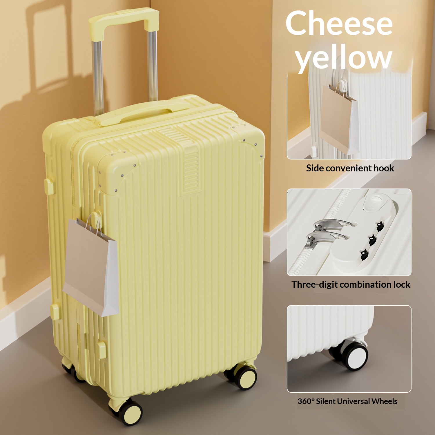 Cheese Yellow-Quiet Swivel Wheels Women's Lightweight Password Lock Durable Large Capacity Travel Bag For Students, Durable New Design, Multi-functional - Shockproof Quiet Wheels photo 1