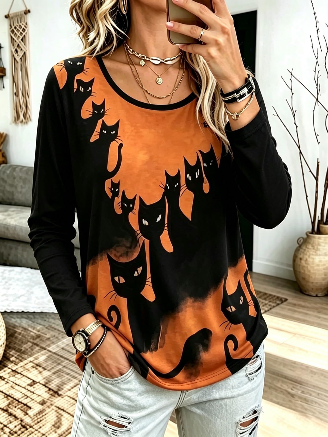 Women Halloween Black Cat Print Long Sleeve T Shirt Scoop Neck Casual Fall Tee Top For Daily Party Wear photo 1
