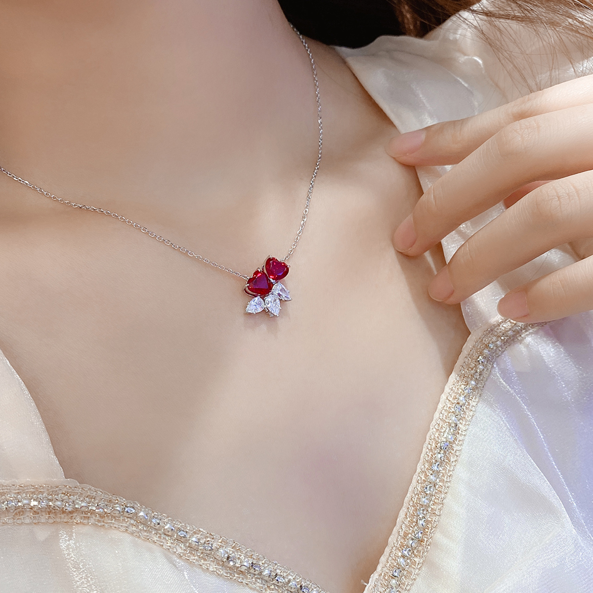 S925 Silver 4.1g Double Heart Lab-Created Gemstone Necklace, 7mm Pendant, 4 Colors, 40&5cm photo 2