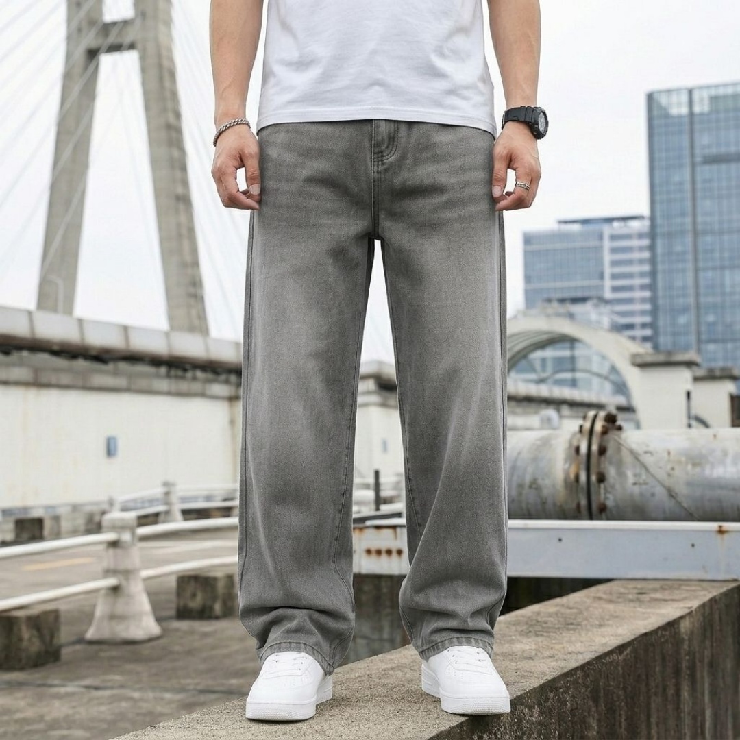 Washed Grey Jeans Men Loose Fit Denim Pants Casual Streetwear Oversized Plus Size Big Size Ready Stock photo 4