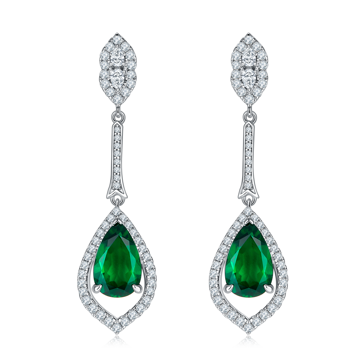 S925 Silver 5.6g Lab-Created Emerald Drop Earrings, 3.4ct 11x7mm Pair photo 1