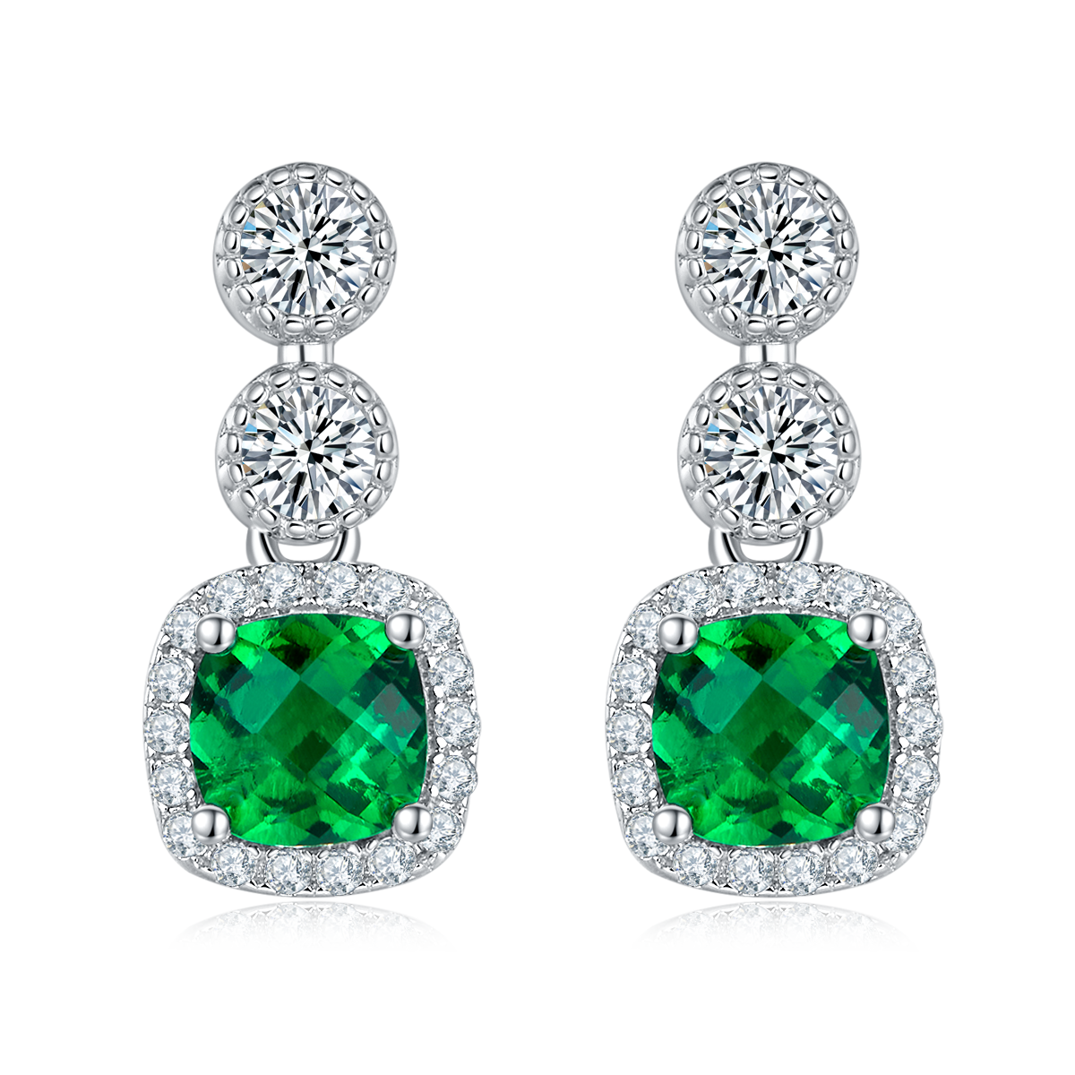 S925 Silver 2.2g Platinum Plated 0.98ct Lab-Created Emerald Drop Earrings, 5mm Halo Studs, Pair photo 1
