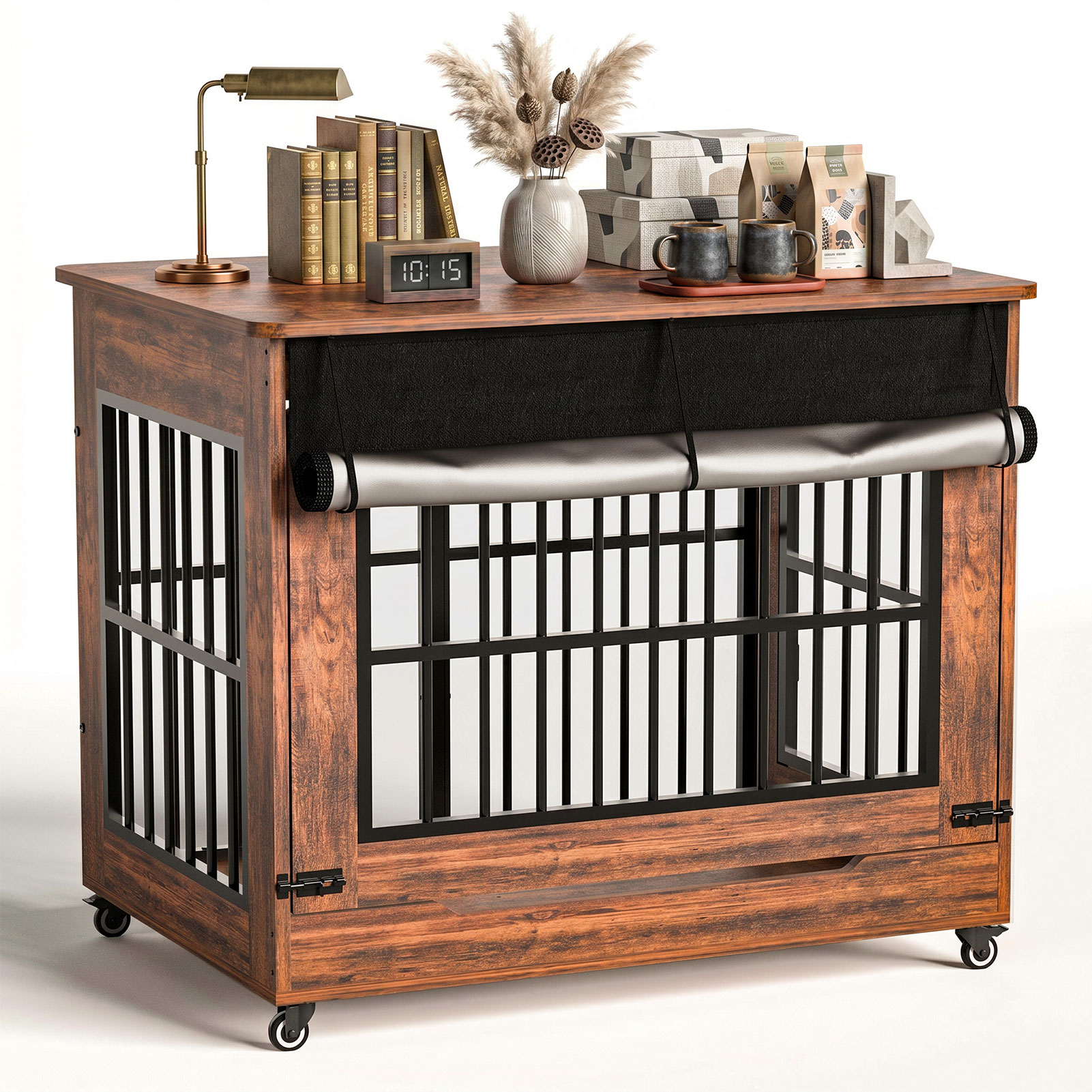42in  Large Dog Crate Furniture, Double Door Wooden Indoor Dog Kennel Furniture, Decorative Pet Cage End Table With Wheels For Large Breed Dogs, Size XL, Greige photo 4
