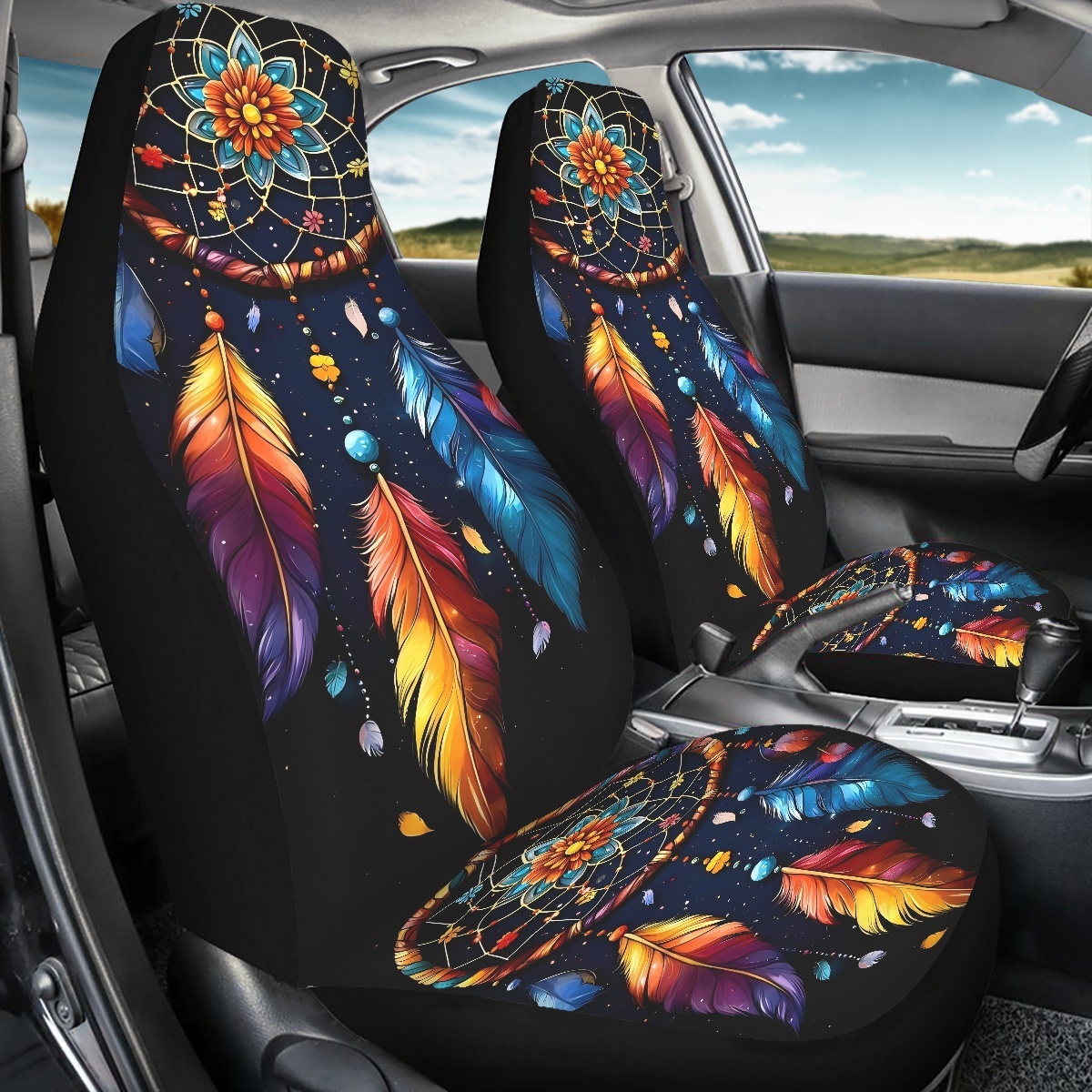 2 Front Car Seat Covers, Digitally Printed With Feather Patterns, Thin, Suitable For All Seasons, Fashionable Car Seat Covers photo 7