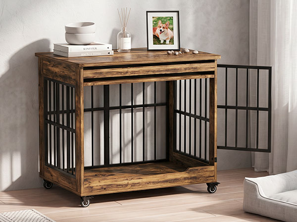 32in  Dog Crate Furniture, Double Door Wooden Indoor Dog Kennel Furniture, Decorative Pet Cage End Table With Wheels For Medium And Small Breed Dogs, Size M, Greige photo 3