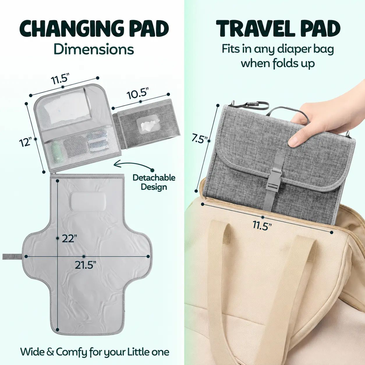Portable Diaper Changing Pad, Detachable Waterproof Foldable Changing Mat With Wipes Pocket, Adjustable Strap & Soft Head Pillow, Travel Baby Change Mat For Stroller Car Seat Diaper Bag, Unisex Newbor photo 2
