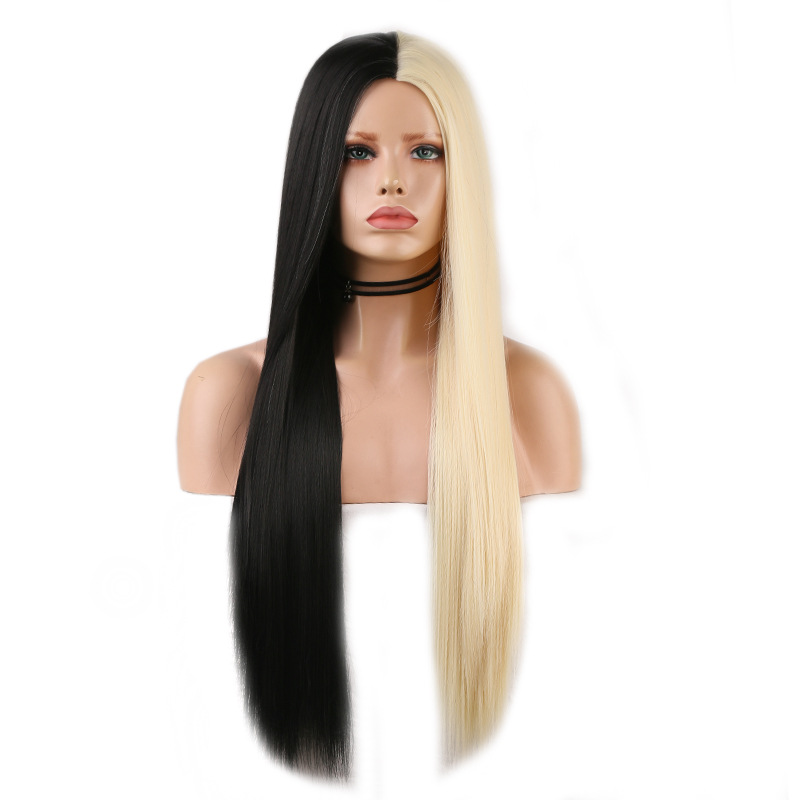 Black And White Two-tone Long Straight Hair High Temperature Silk Machine Wig photo 2