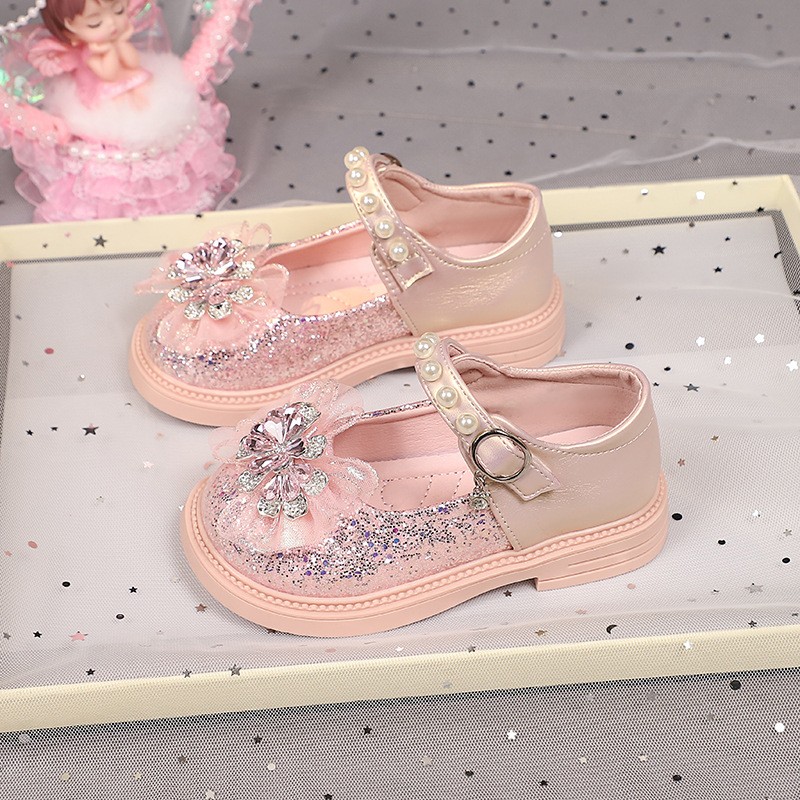 2026 Spring & Autumn New Girls Light-Up Princess Leather Shoes, Elsa Crystal Soft Sole Flat Shoes, Little Girls Pearl Decor Single Shoes photo 2