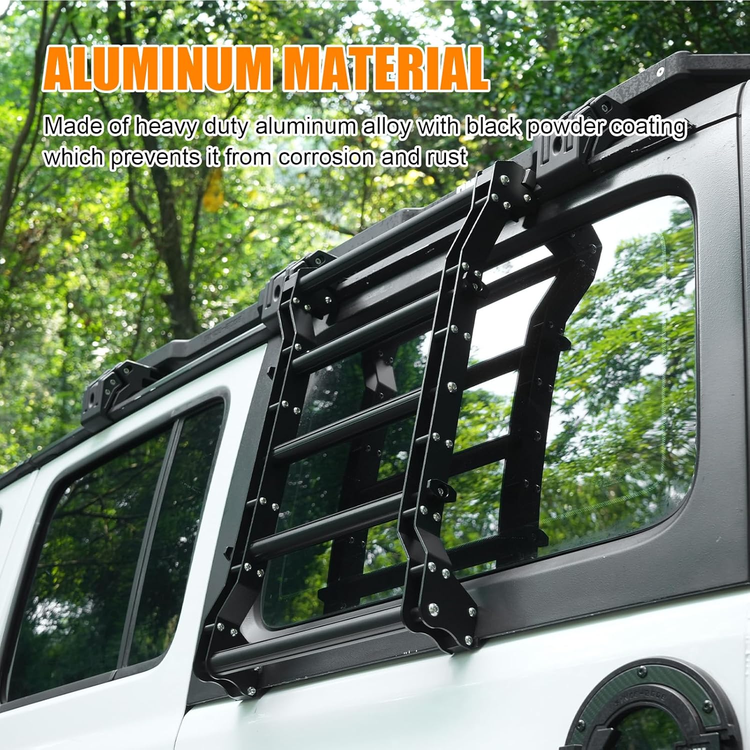 Rear Window Ladder Compatible With 2018-2025 Je Ep Wrangler JL JLU 2 Door 4 Door, Heavy Duty Aluminum Alloy Roof Access Ladder Rack, 200LBS Load Capacity Multifunctional Flank Luggage Ladder Kit photo 3