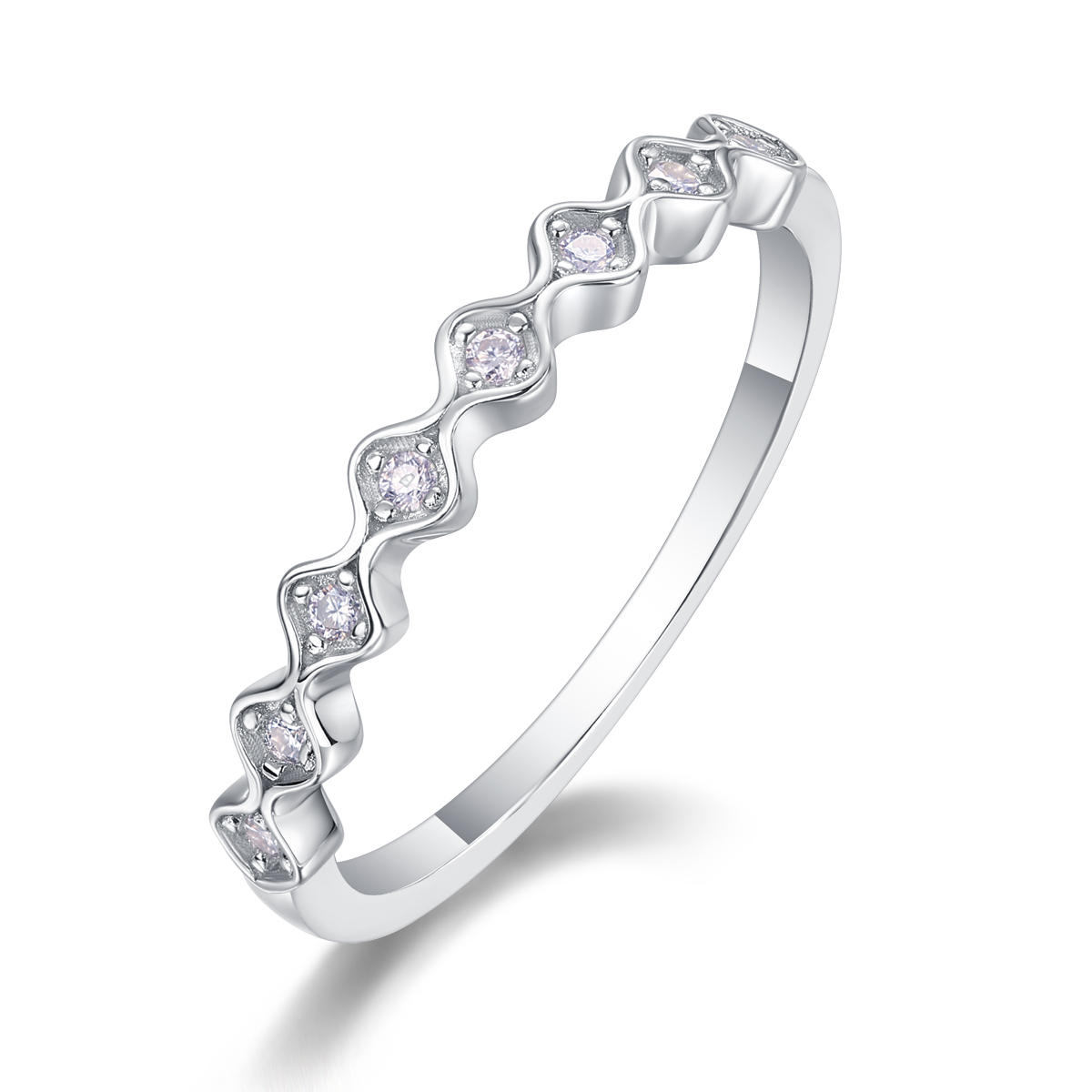 S925 Silver 1.4g Platinum Plated Moissanite Ring, 3.0mm Wavy 8pcs D VVS1 Curved Band, GRA Certified US 5-9 photo 2