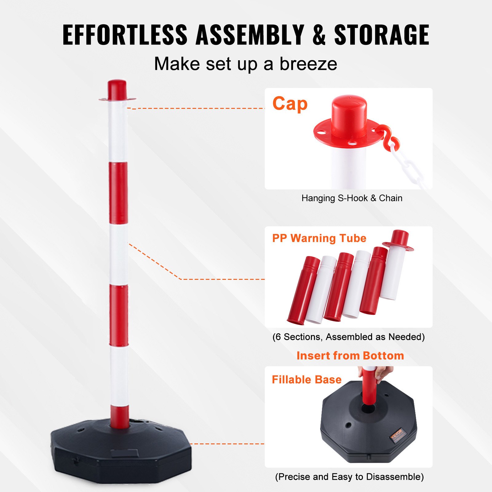 Adjustable Traffic Delineator Post Cones, 6 Pack, Traffic Safety Delineator Barrier With Fillable Base 2 M Chain, For Traffic Control Warning Parking Lot Construction Caution Roads, Red & White photo 5