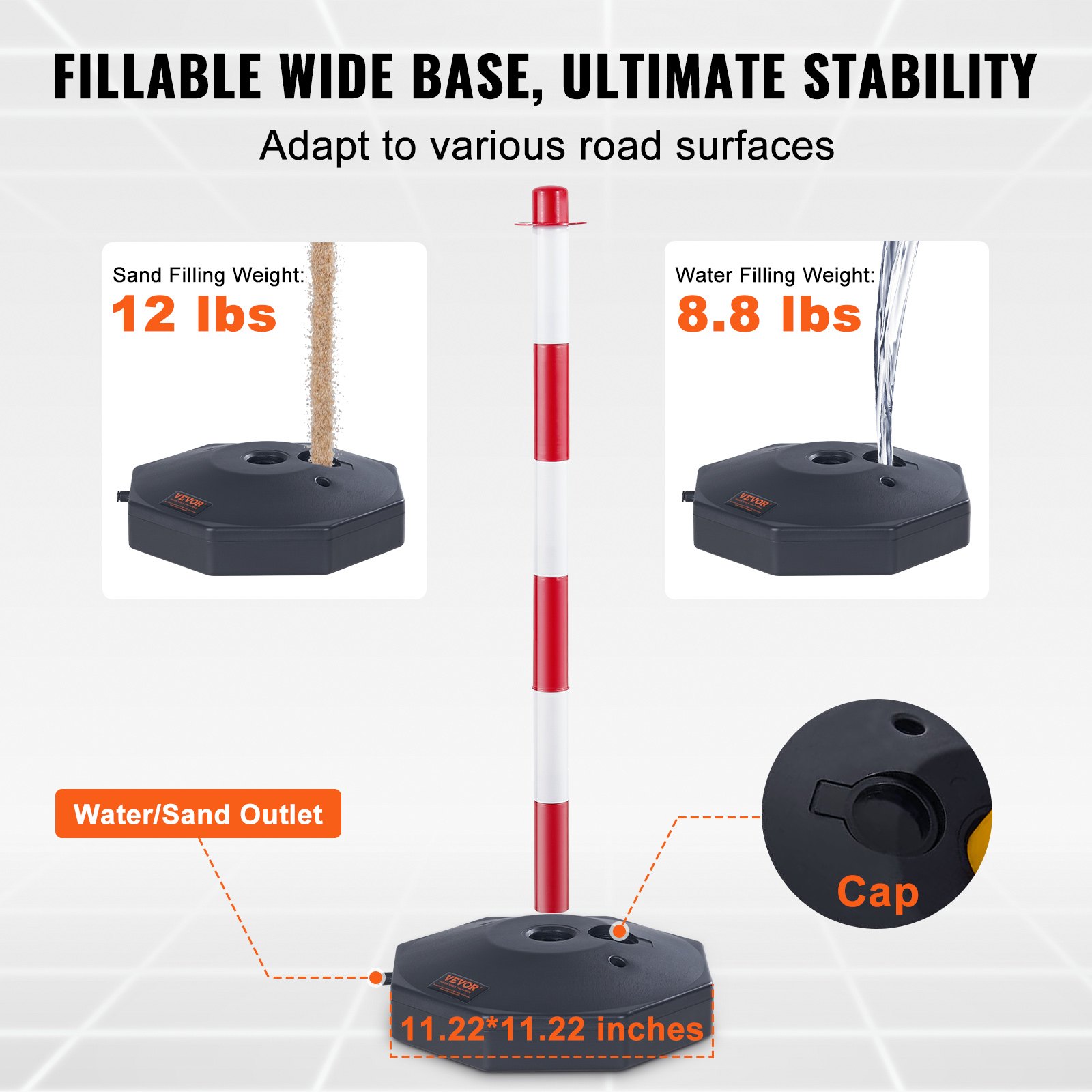 Adjustable Traffic Delineator Post Cones, 6 Pack, Traffic Safety Delineator Barrier With Fillable Base 2 M Chain, For Traffic Control Warning Parking Lot Construction Caution Roads, Red & White photo 3