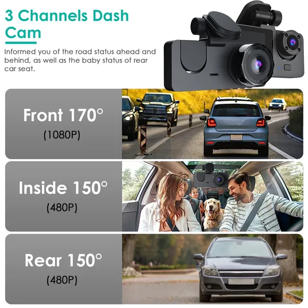 3 Channel Dash Cam Front Inside Rear Vehicle Driving Recorder Car DVR With 32G MMC Card G Sensor Motion Detection Parking Monitor Night Vision Loop Recording photo 5