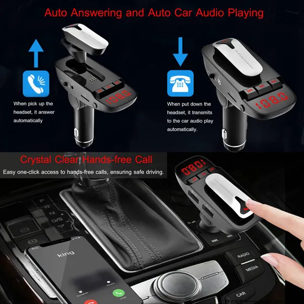 Car FM Transmitter W/ Wireless Earpiece 2 USB Charge Ports Hands-free Call MP3 Player photo 3
