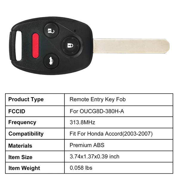 Fit For Honda Accord 2003-2007 Remote Keyless Entry Shell Button Car Key Fob Uncut Key Cover Case OUCG8D-380H-A FCCID 313.8MHz Frequency photo 3
