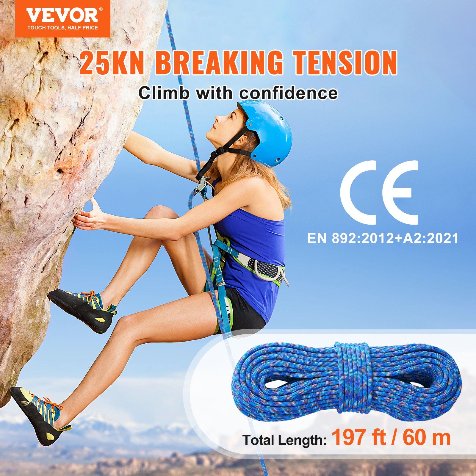 10.2mm Dynamic Climbing Rope, 60M(197ft) Outdoor Rock Climbing Rope 25KN Breaking Tension, Stretchable Fiber Rope With Steel Snap Hooks For Escape, Rappelling, Fire Rescue, Blue photo 3