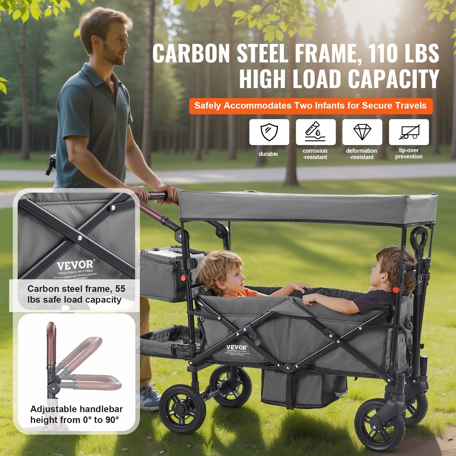Wagon Stroller For 2 Kids, Push Pull Quad Collapsible Stroller With Adjustable Handle, Encircling Harness Removable Canopy, 4 Wheels W/ Brakes, Mutifunction Tandem Stroller For Camping Dark Grey photo 3