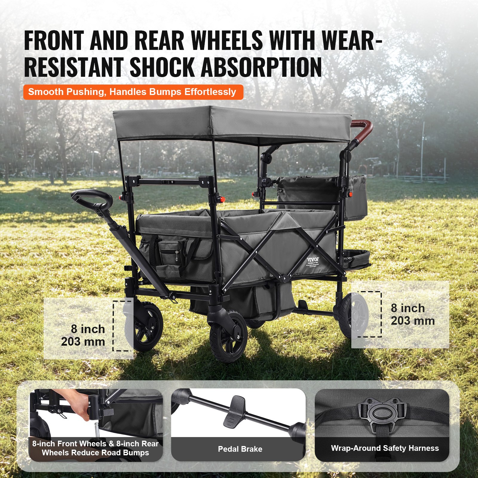 Wagon Stroller For 2 Kids, Push Pull Quad Collapsible Stroller With Adjustable Handle, Encircling Harness Removable Canopy, 4 Wheels W/ Brakes, Mutifunction Tandem Stroller For Camping Dark Grey photo 5