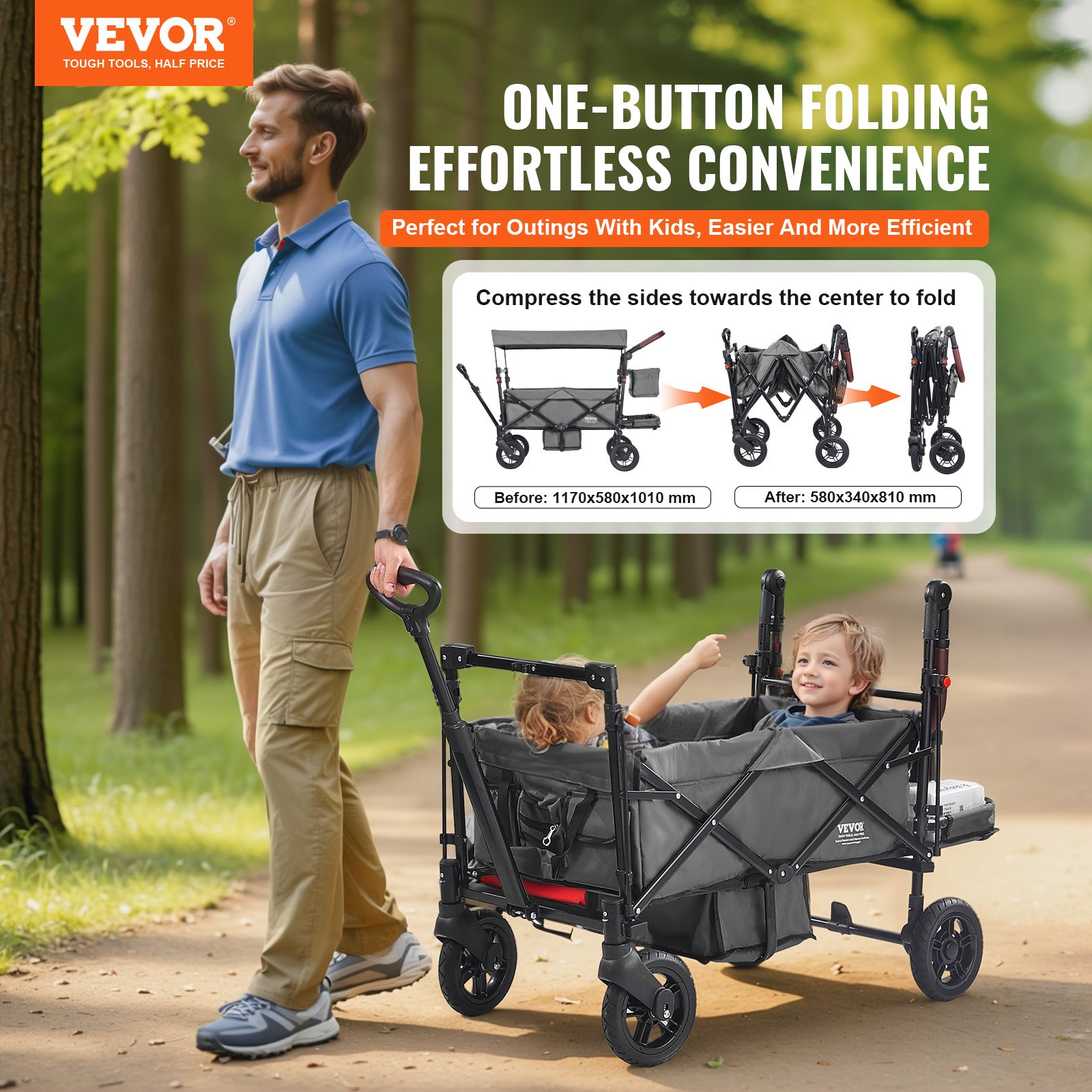 Wagon Stroller For 2 Kids, Push Pull Quad Collapsible Stroller With Adjustable Handle, Encircling Harness Removable Canopy, 4 Wheels W/ Brakes, Mutifunction Tandem Stroller For Camping Dark Grey photo 2