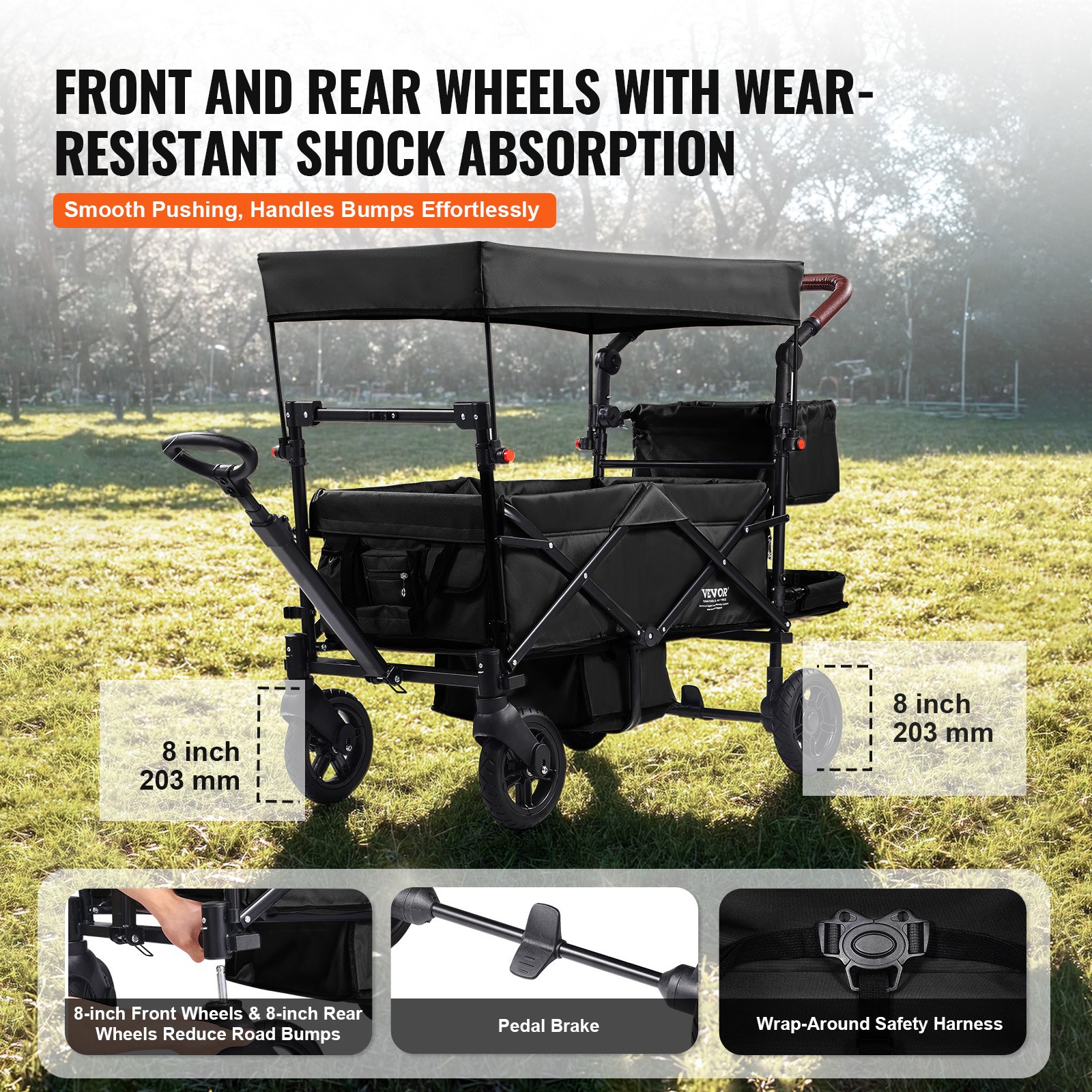 Wagon Stroller For 2 Kids, Push Pull Quad Collapsible Stroller With Adjustable Handle, Encircling Harness Removable Canopy, 4 Wheels With Brakes, Mutifunction Tandem Stroller For Camping Black photo 2