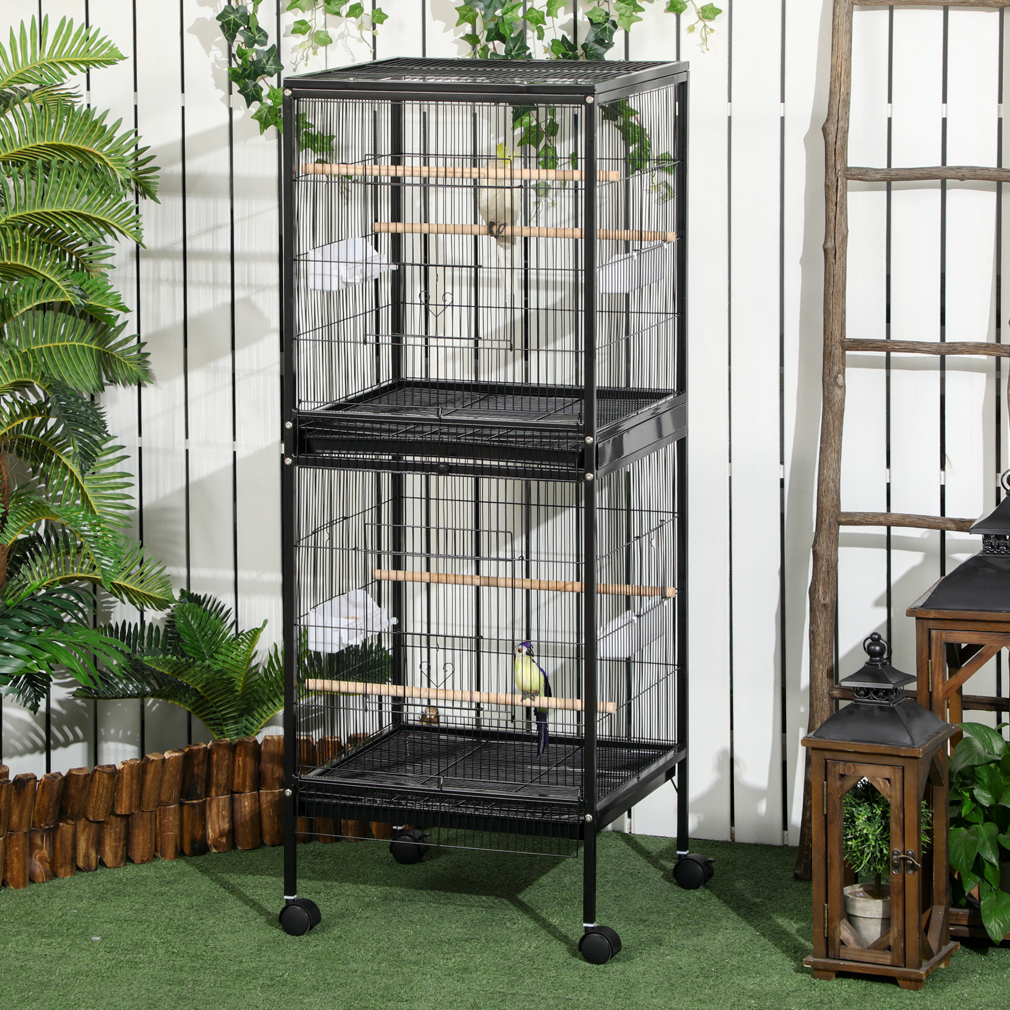 55" 2 In 1 Bird Cage Aviary Parakeet House for finches, budgies with Wheels, Black photo 1