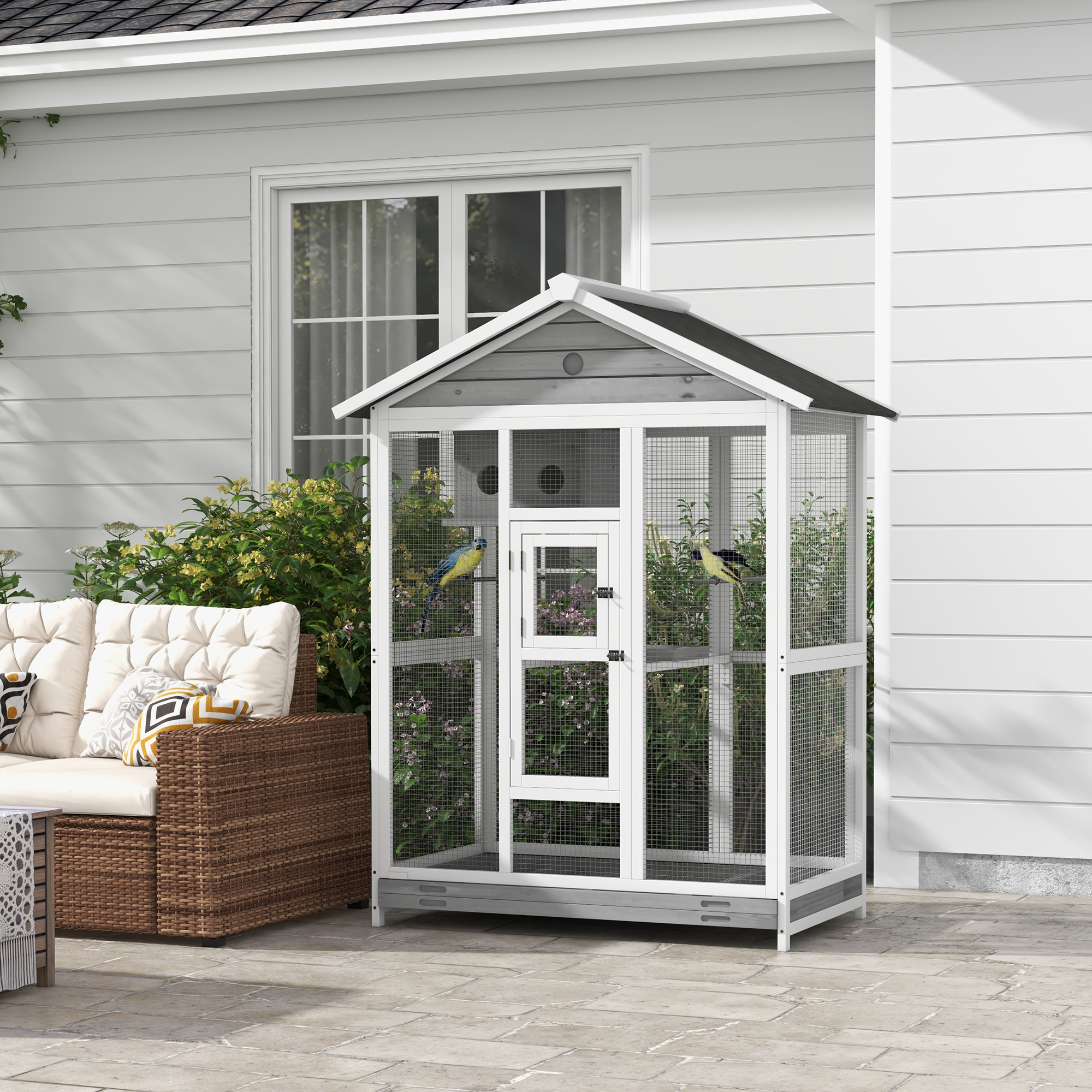 64.5" Wooden Bird Cage Aviary, Flight Cage with 4 Perches, Nest and Slide-Out Tray for Indoor/Outdoor, Gray photo 1