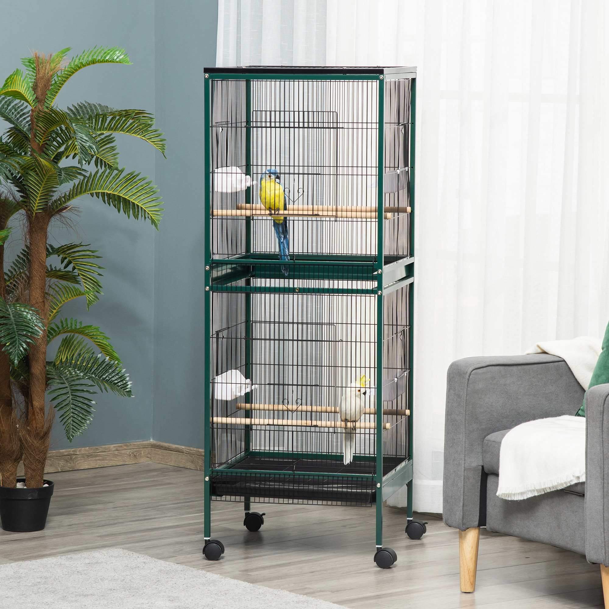 Large Bird Cage with 1.7 ft. Width for Wingspan, Bird Aviary Indoor with Multi-Door Design, Fit for a Canary, Finch, Conure, 55", Green photo 1