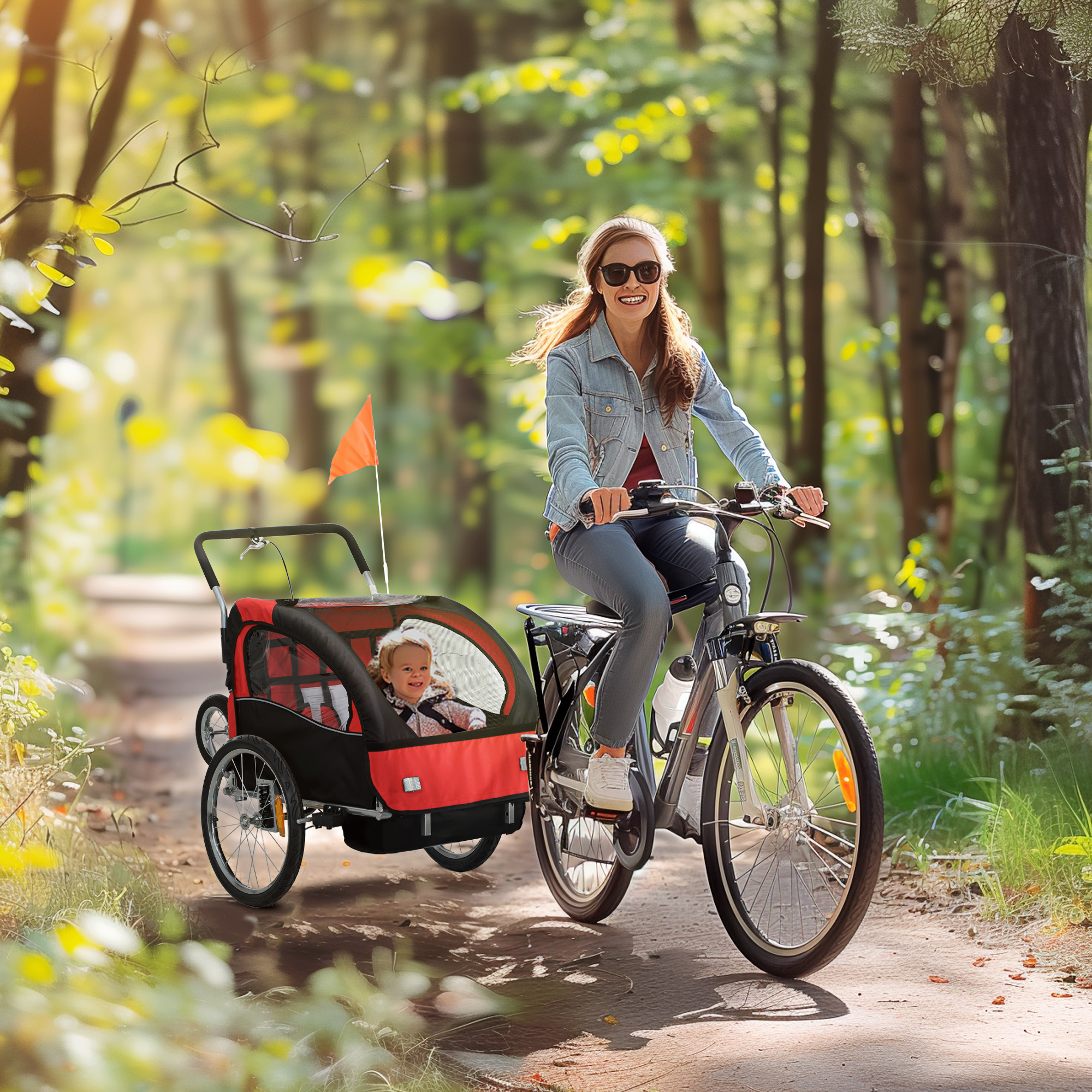 2-Seat Elite 360 Swivel Bike Trailer for Kids Bicycle Cargo Trailer with Water-Resistant Windows, Black and Red photo 1