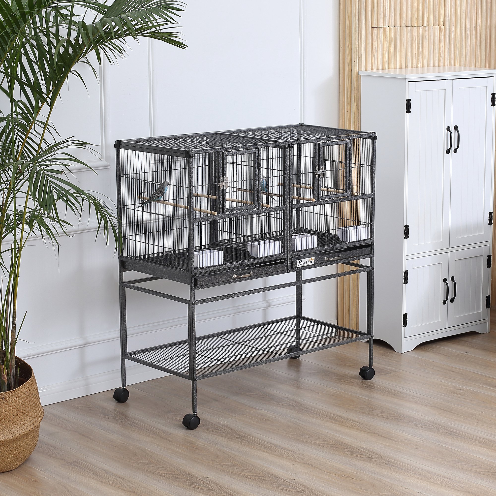  Divided Breeder Bird Cage with Rolling Stand Removable Metal Tray, Storage Shelf, Wood Perch, and Food Container photo 8