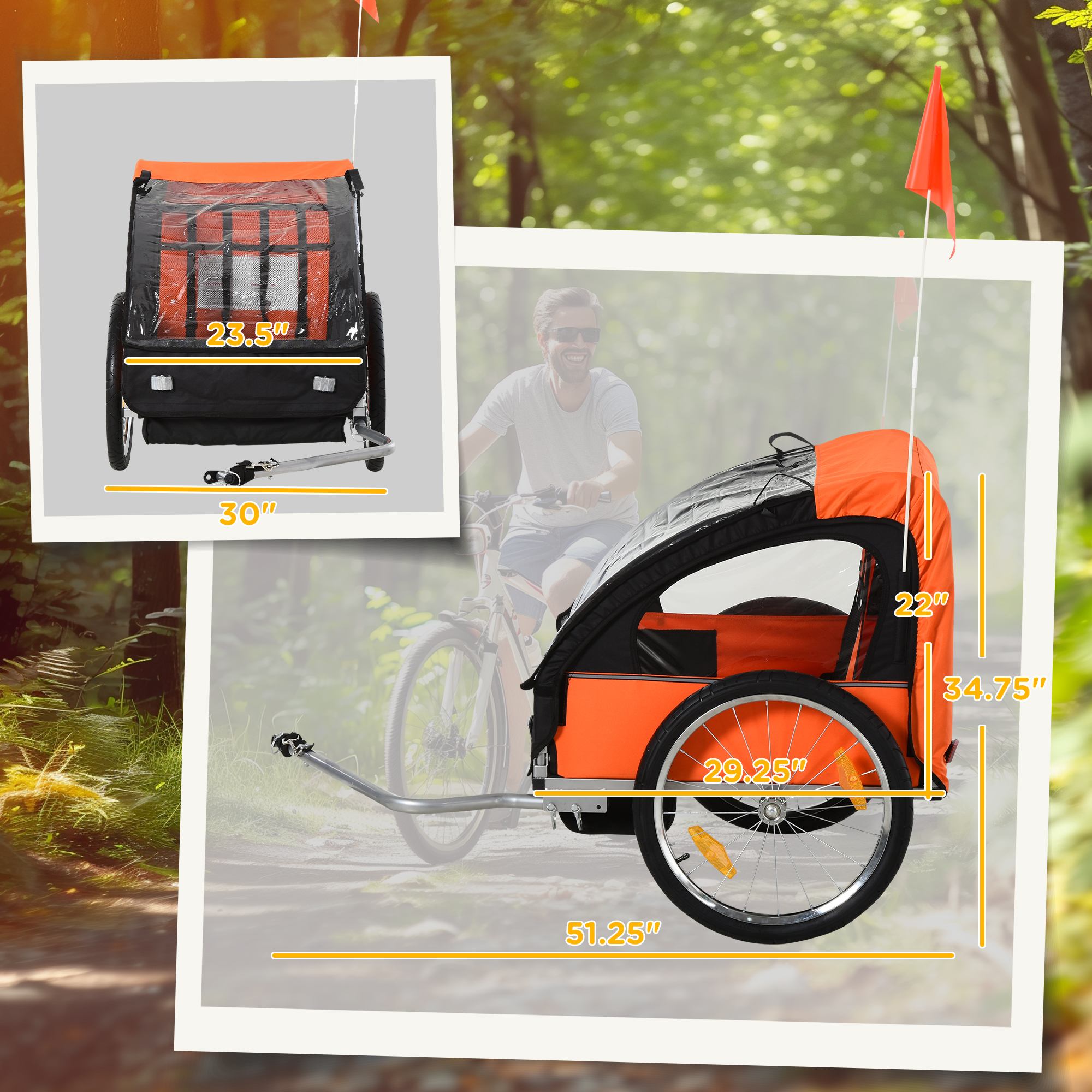 2-Seat Child Bike Trailer for Kids with a Strong Steel Frame, 5-Point Safety Harnesses, & Comfortable Seat, Orange photo 4