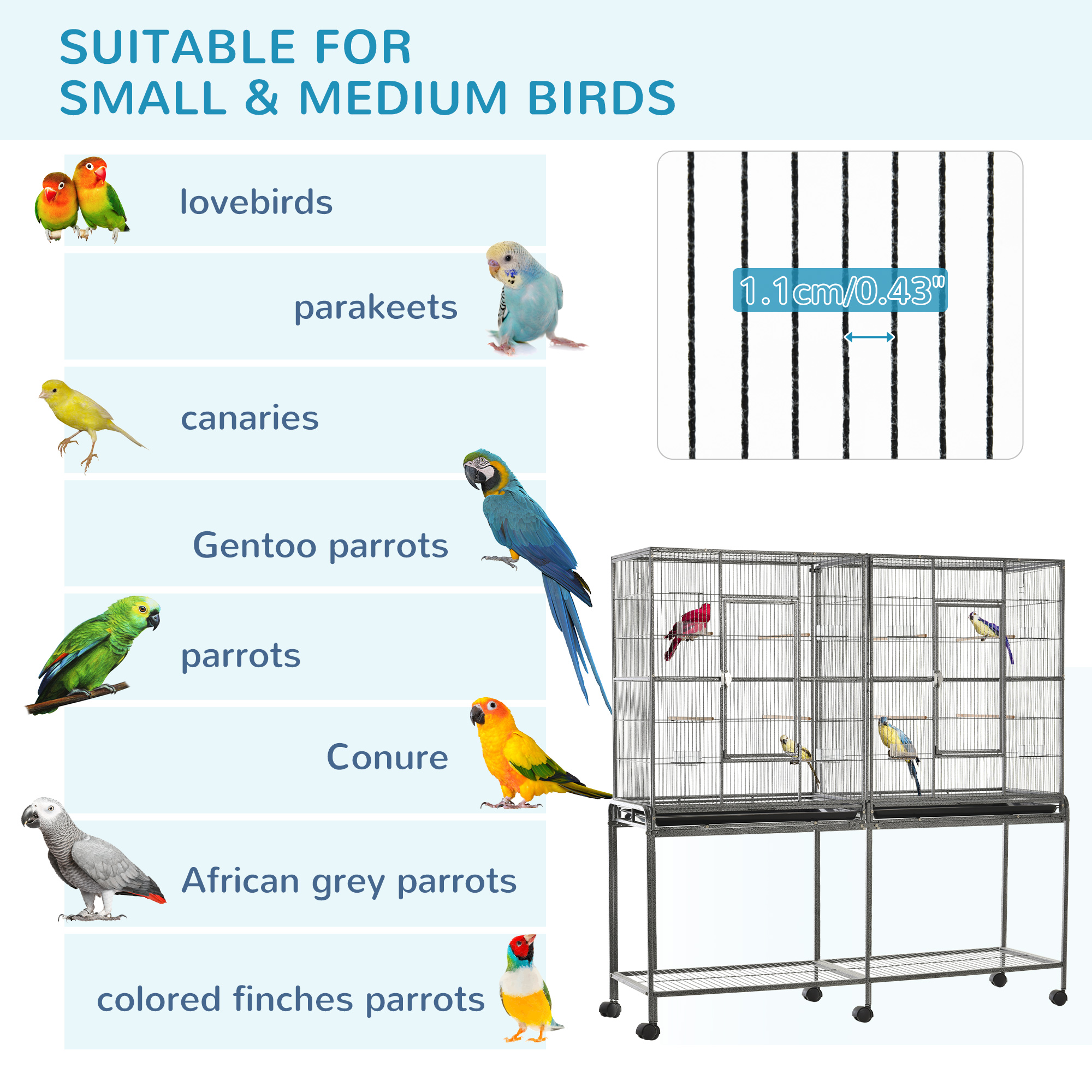 Rolling 65"L Bird Cage w/ Storage Shelf Wood Perch Food Container photo 3