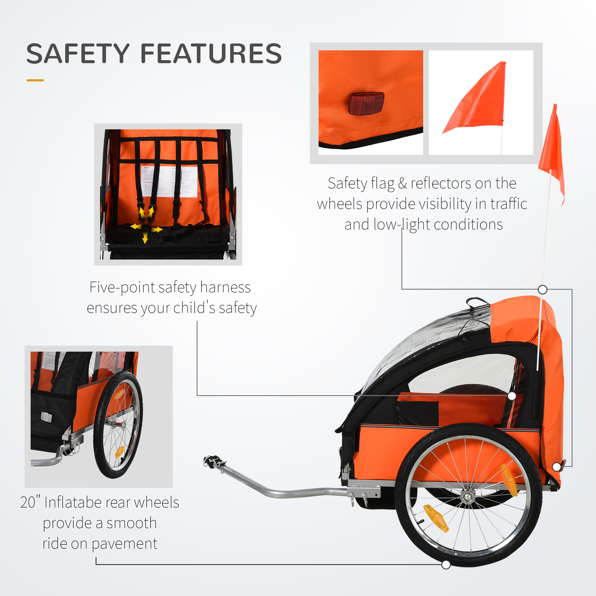 2-Seat Child Bike Trailer for Kids with a Strong Steel Frame, 5-Point Safety Harnesses, & Comfortable Seat, Orange photo 3