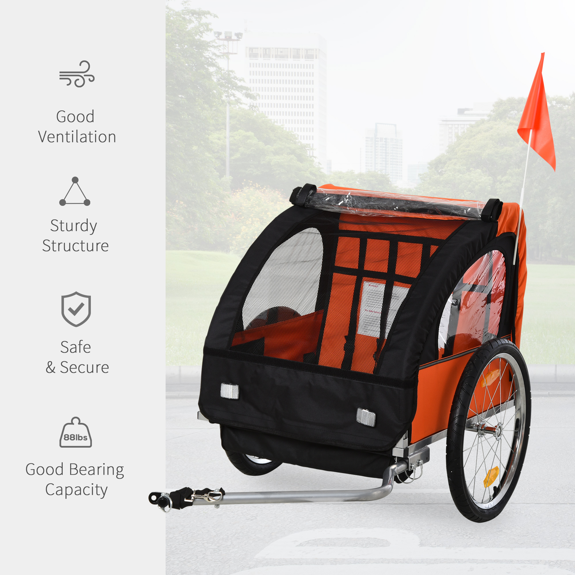 2-Seat Child Bike Trailer for Kids with a Strong Steel Frame, 5-Point Safety Harnesses, & Comfortable Seat, Orange photo 7