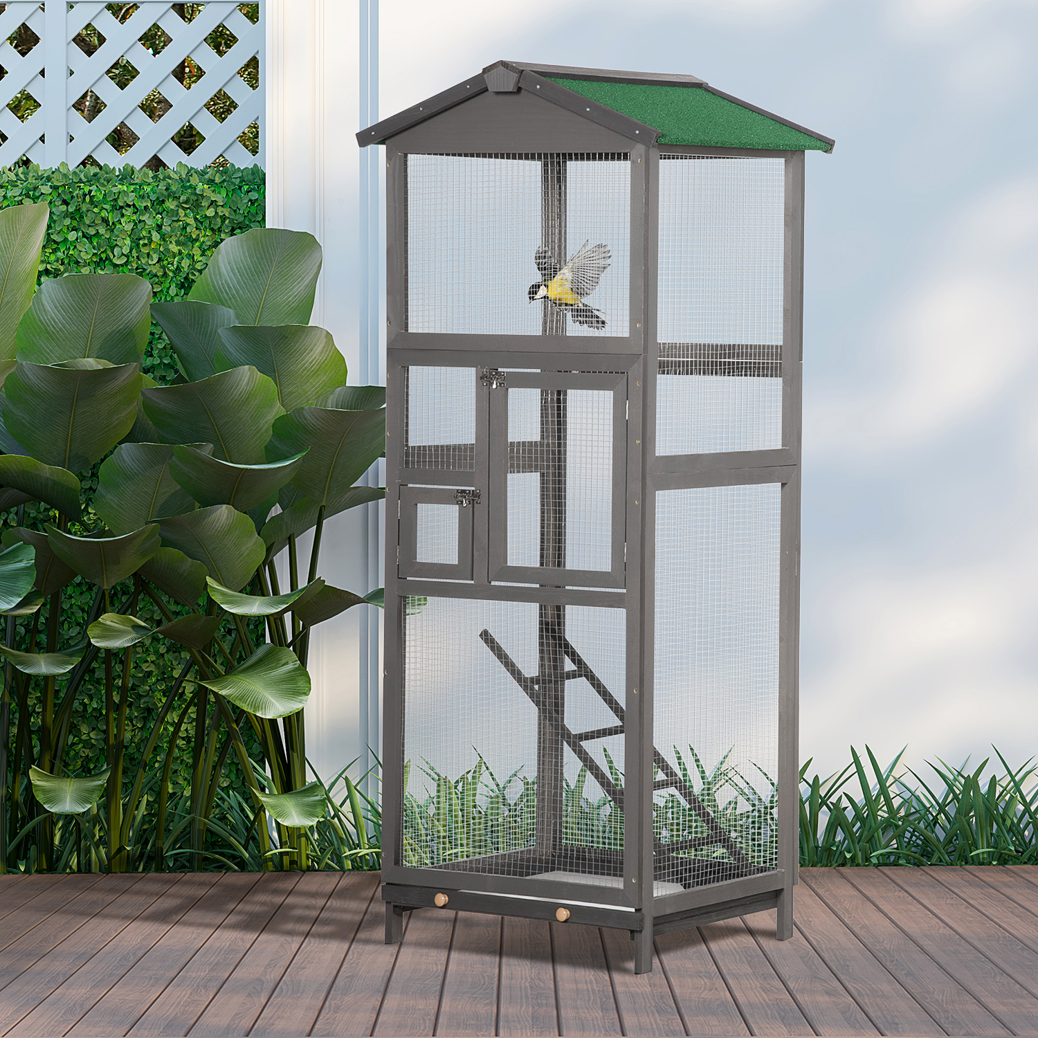 65" Wooden Bird Cage Outdoor Aviary House for Parrot, Parakeet, with Pull Out Tray and 2 Doors, Grey photo 1