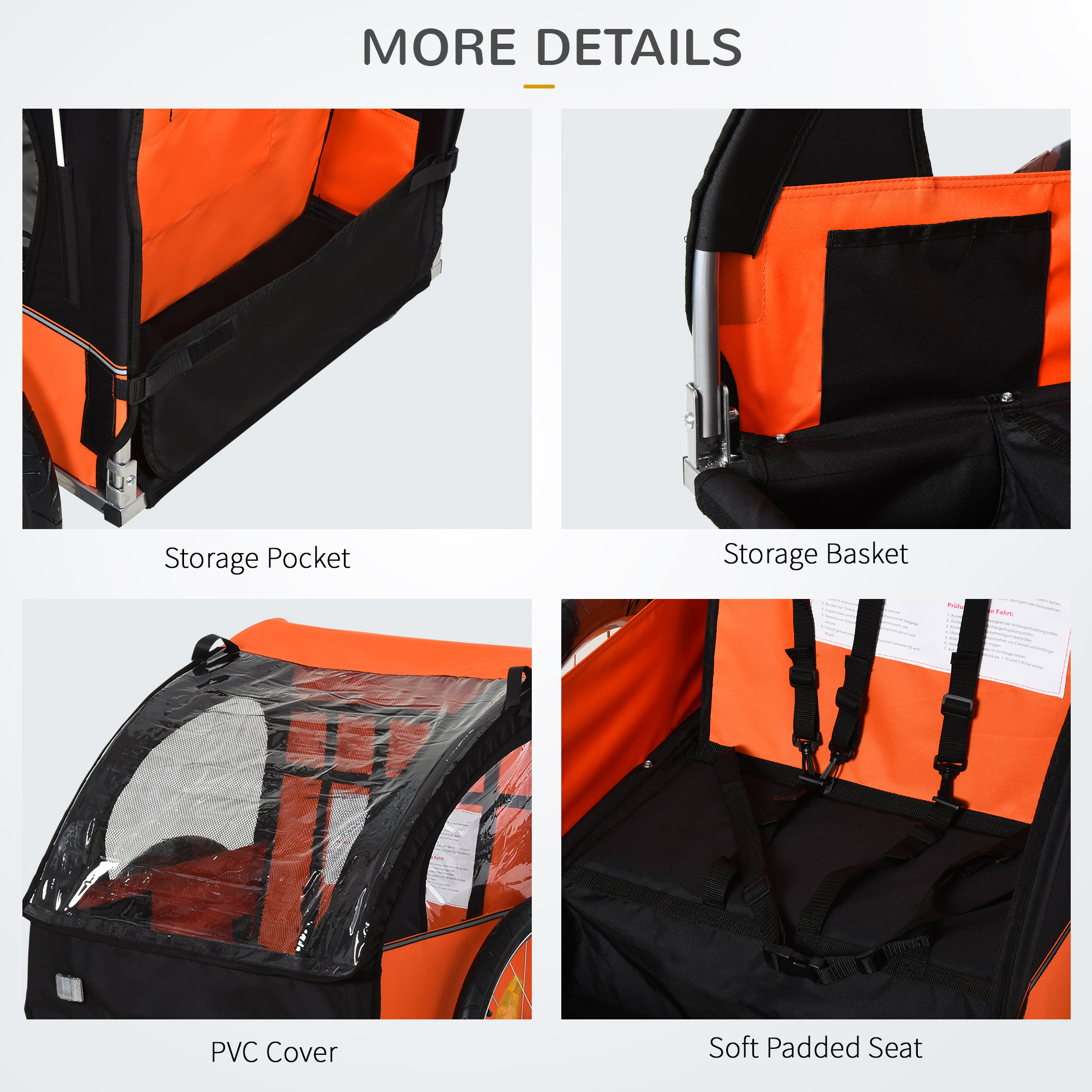 2-Seat Child Bike Trailer for Kids with a Strong Steel Frame, 5-Point Safety Harnesses, & Comfortable Seat, Orange photo 2