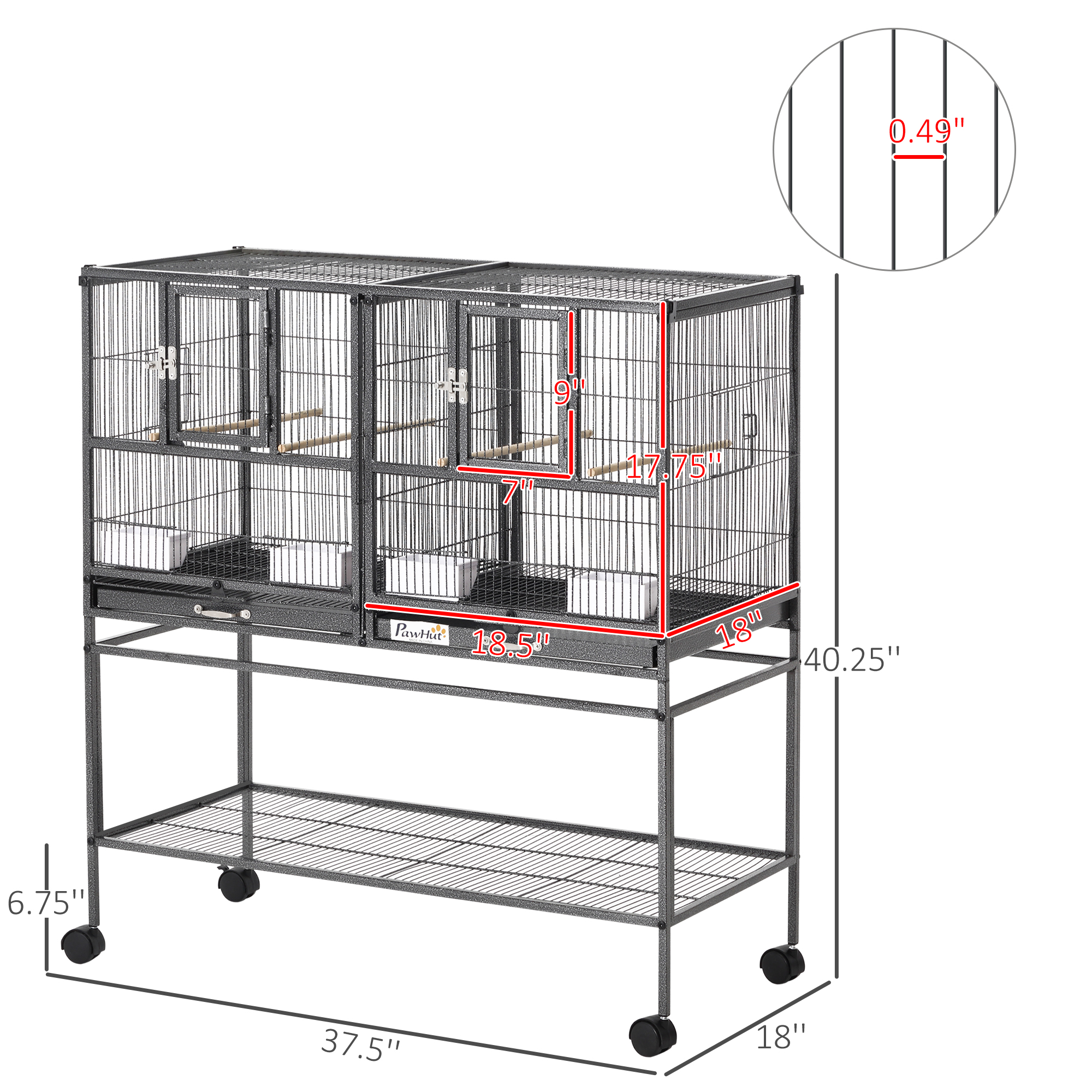  Divided Breeder Bird Cage with Rolling Stand Removable Metal Tray, Storage Shelf, Wood Perch, and Food Container photo 4