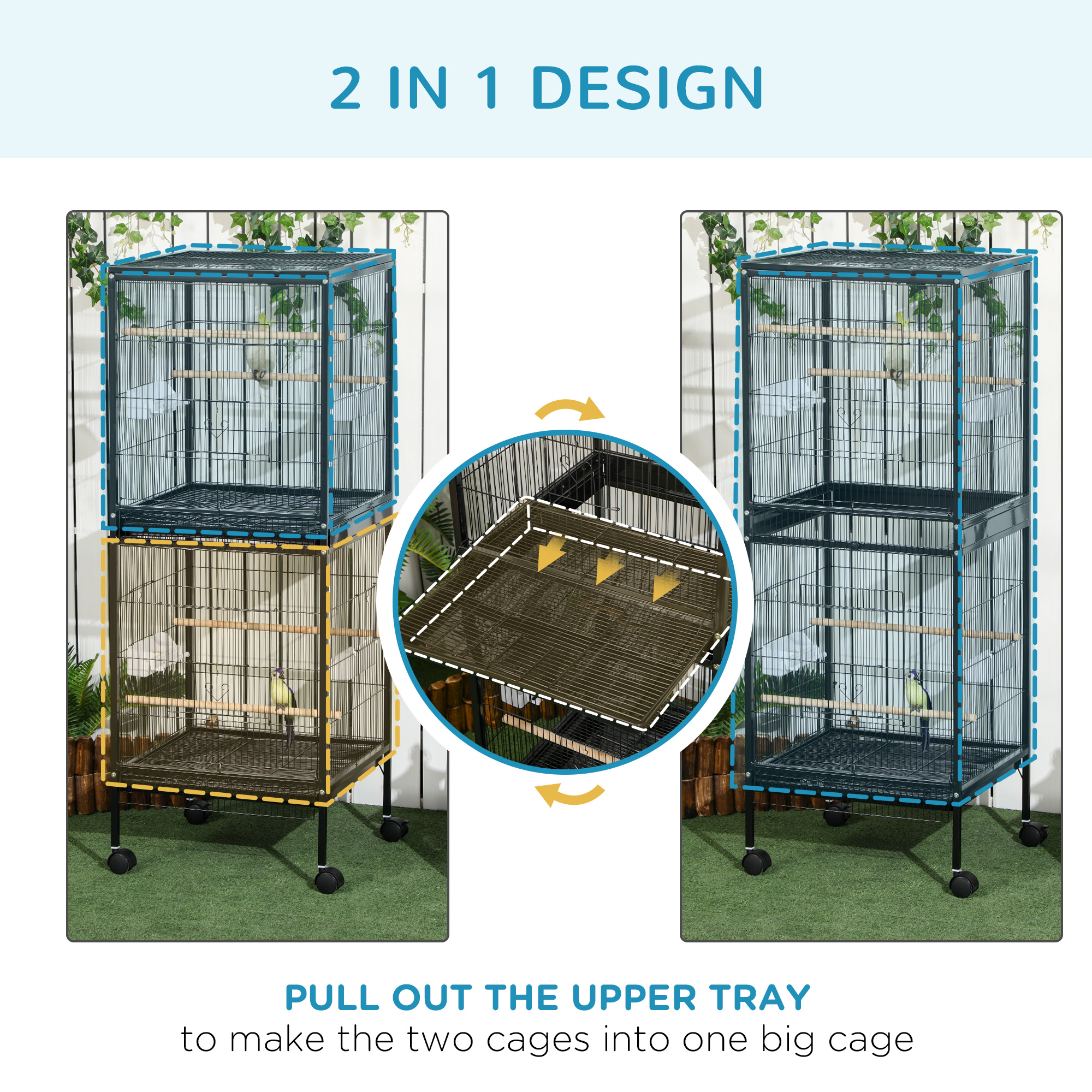 55" 2 In 1 Bird Cage Aviary Parakeet House for finches, budgies with Wheels, Black photo 4