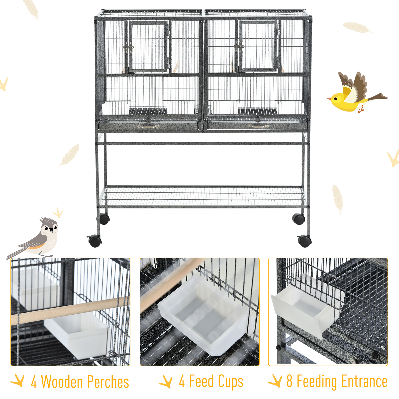  Divided Breeder Bird Cage with Rolling Stand Removable Metal Tray, Storage Shelf, Wood Perch, and Food Container photo 5