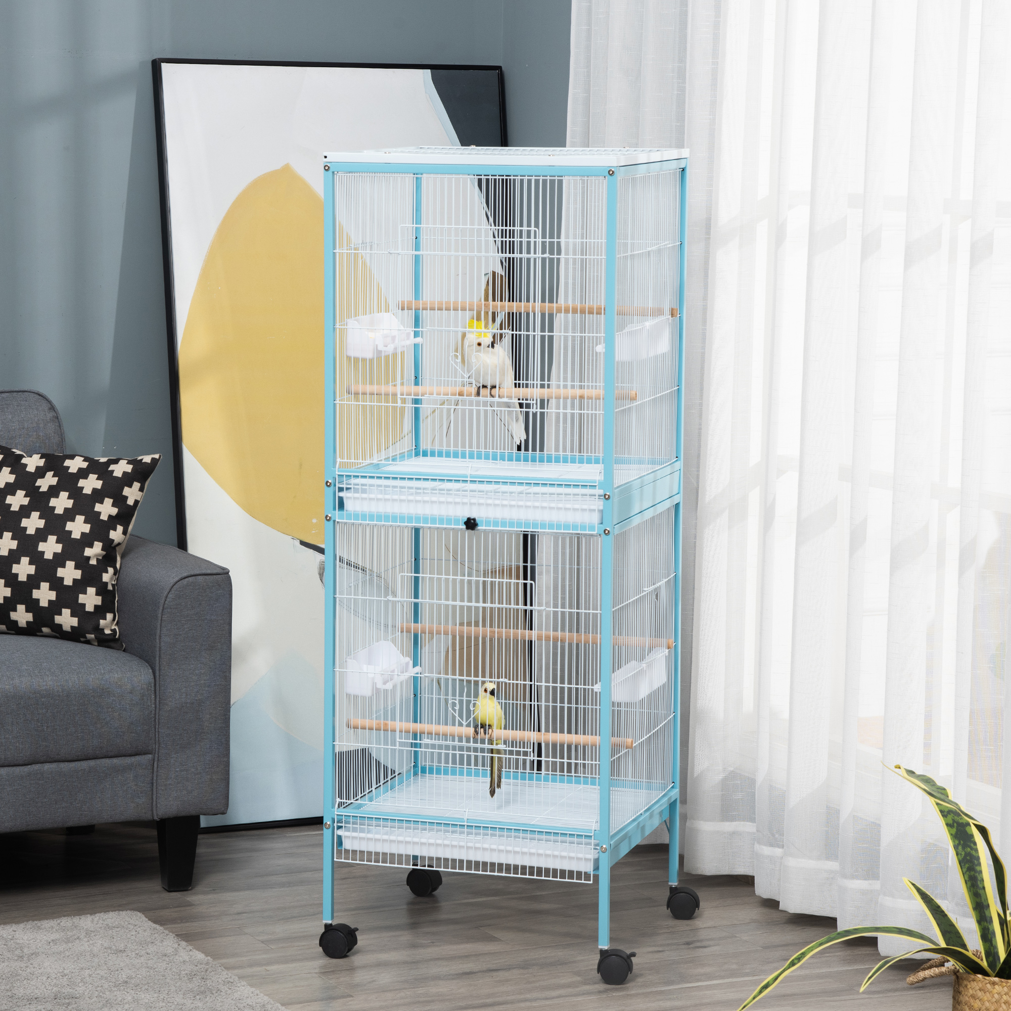 55" 2 In 1 Bird Cage Aviary Parakeet House for finches, budgies with Wheels, Light Blue photo 1