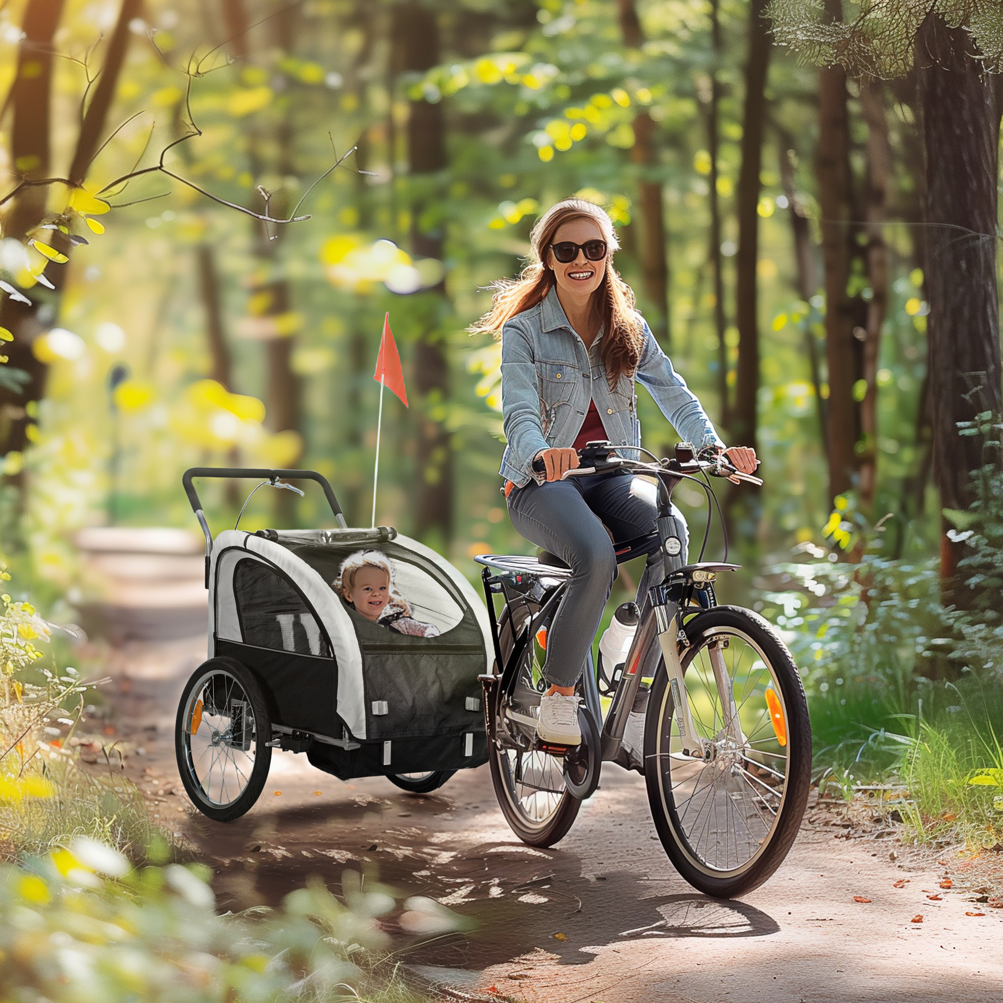 2-Seat Elite 360 Swivel Bike Trailer for Kids Bicycle Cargo Trailer with Water-Resistant Windows, Black and White photo 1