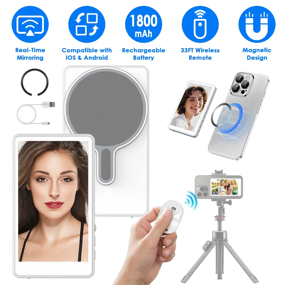Vlog Selfie Monitor Screen Magnetic Rear Camera Phone Monitor Wireless Selfie Monitor Screen With 33FT Remote For Vlog Live Stream Compatible With IOS Android photo 6