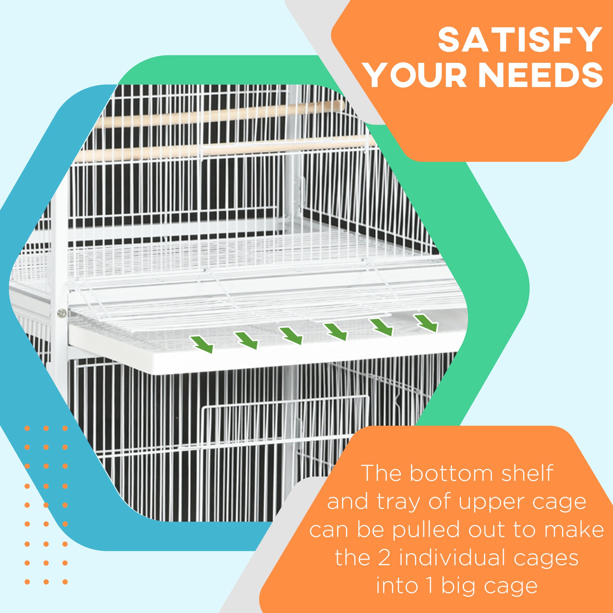 Wrought Metal Bird Cage Feeder with Rolling Stand Perches Food Containers Doors Wheels 67" H, White photo 8