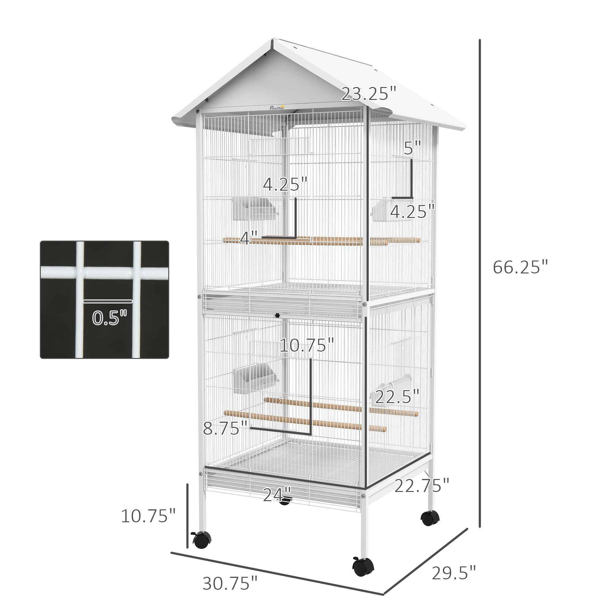Wrought Metal Bird Cage Feeder with Rolling Stand Perches Food Containers Doors Wheels 67" H, White photo 2