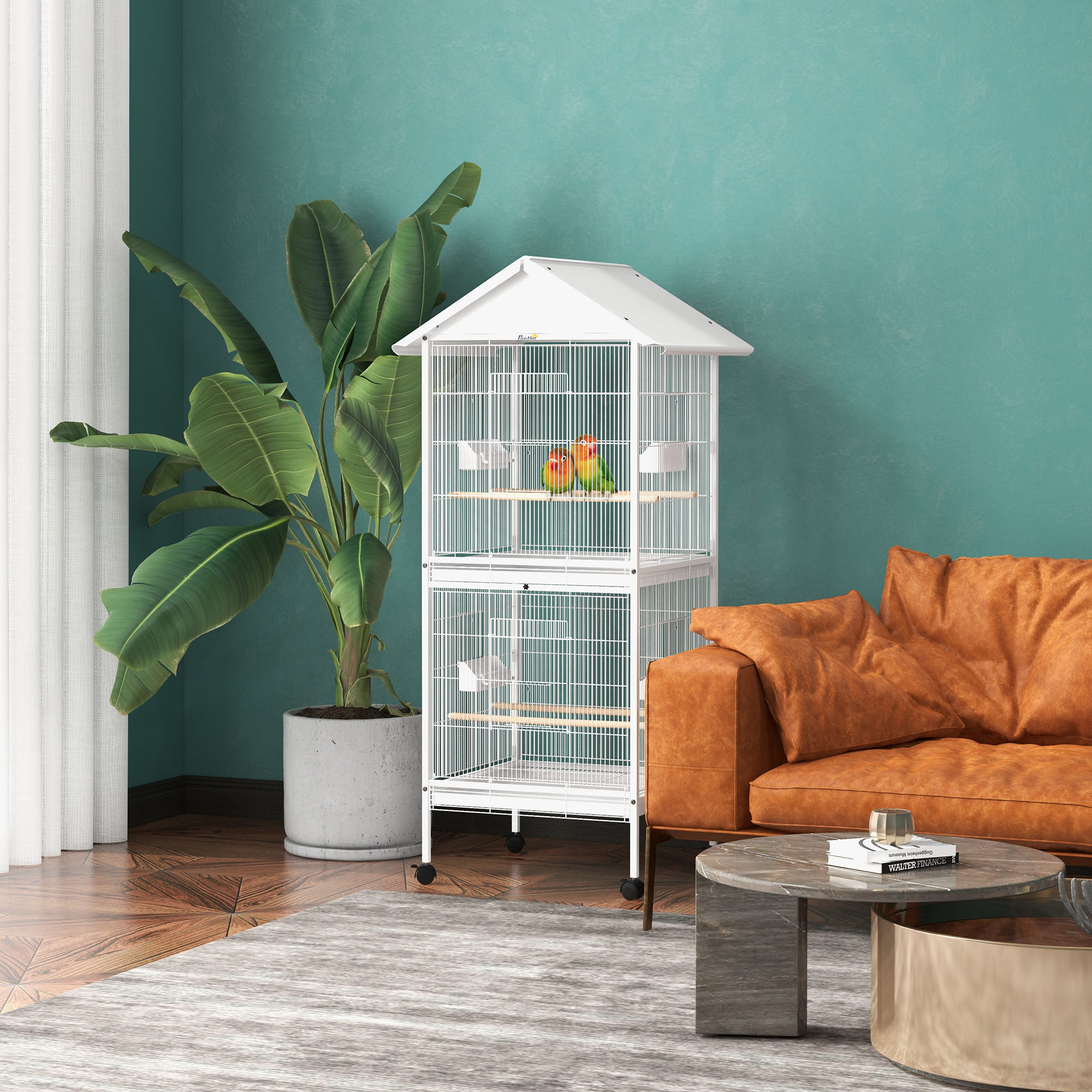 Wrought Metal Bird Cage Feeder with Rolling Stand Perches Food Containers Doors Wheels 67" H, White photo 6