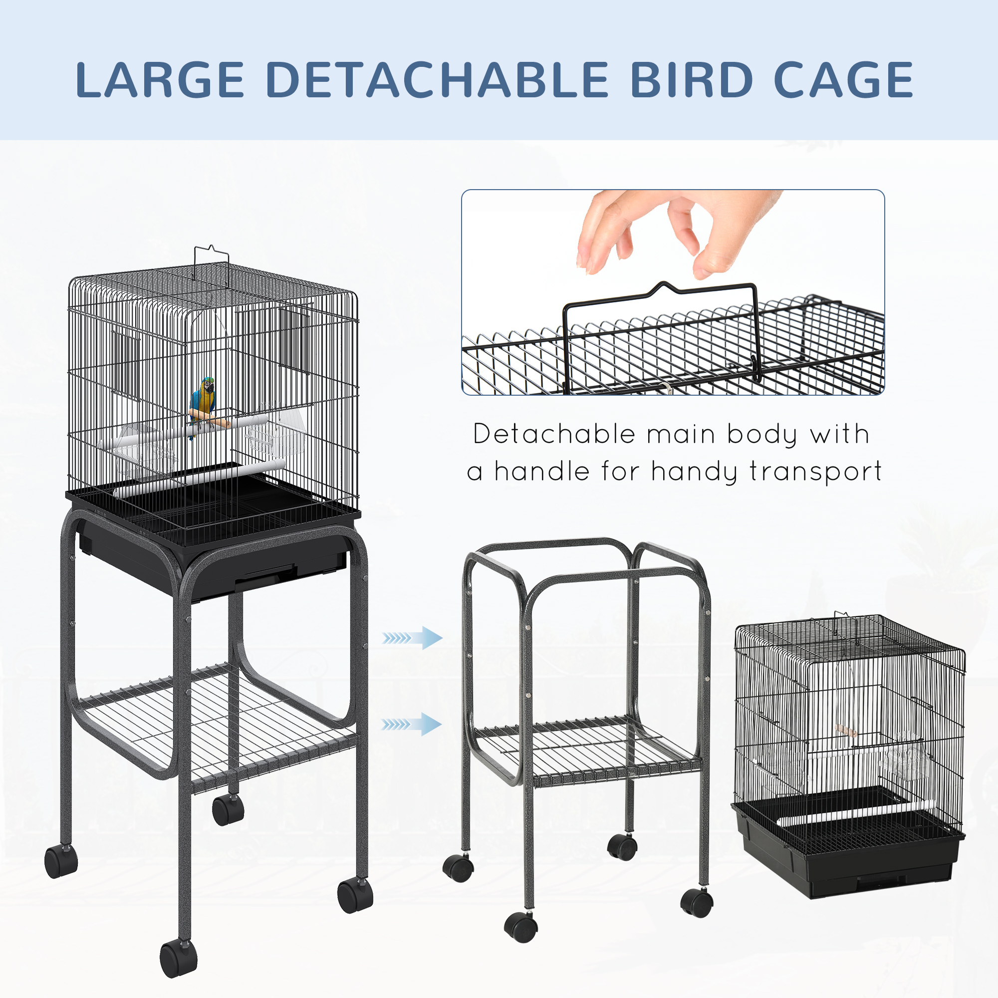 45-inch Metal Indoor Bird Cage, Parrot Cage, Bird Aviary with Detachable Rolling Stand, Storage Basket, and Accessories - Black photo 5