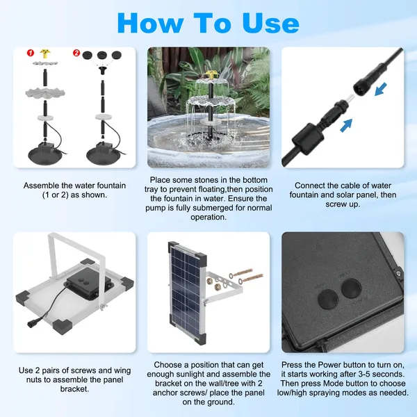 3-Tier Solar Bird Bath Fountain Solar Powered Water-Pump Waterfall Feature With Colorful Light 3 Nozzles 6W Solar Panel For Bird Bath Patio Yard Pond Garden photo 2
