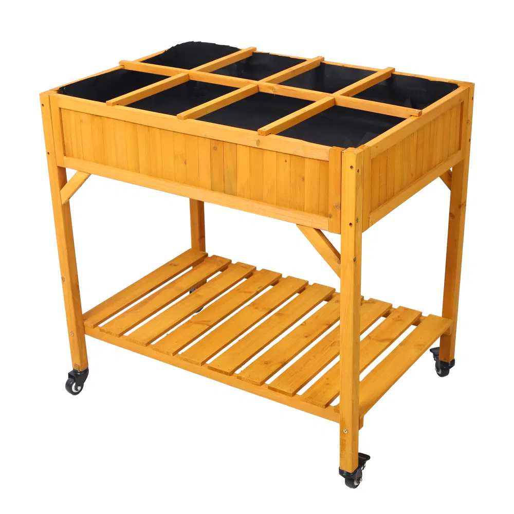 Elevated 8 Pocket Herb Garden Bed, Mobile Raised Customizable Wood Planter For Herbs, Vegetables, Flowers W/ Lockable Wheels, Storage Shelf, Drainage Holes photo 2