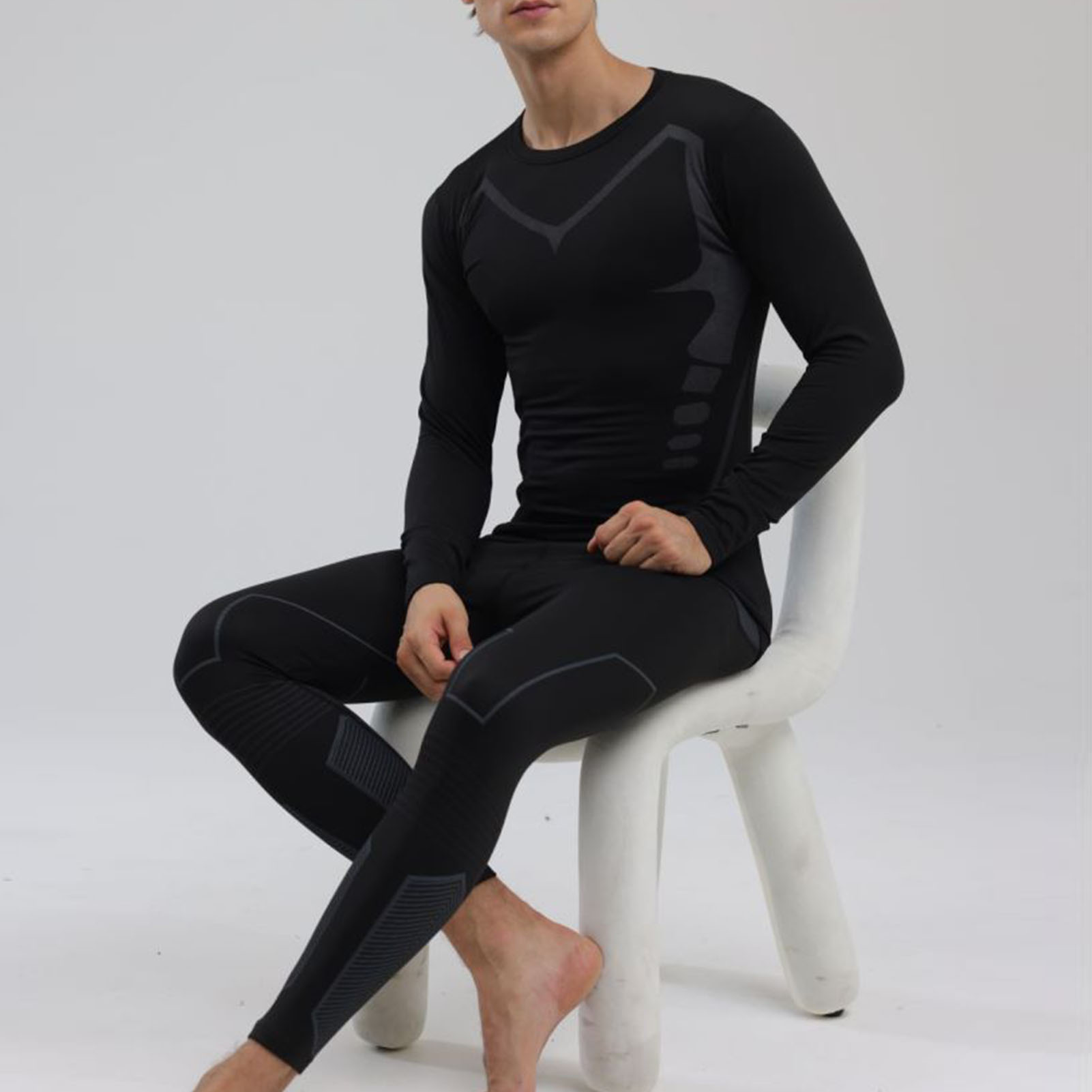 Men Thermal Underwear Set Shirt Pants Autumn Slim Fit Thermal Underwear Top Bottom Set Black M photo 5
